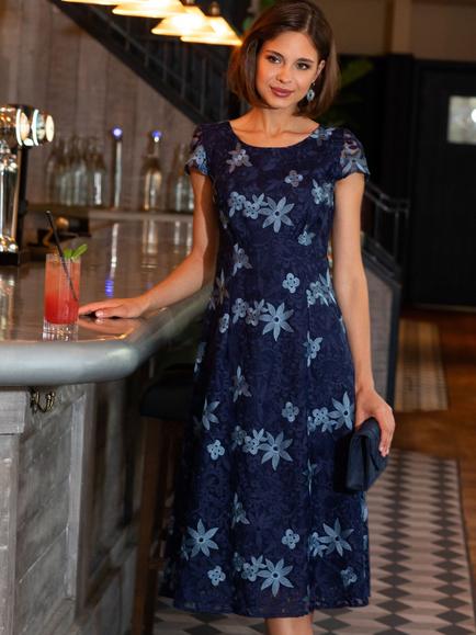 Alie Street Charlotte Floral Lace Dress, Midnight Blue - view 2, Midnight Blue