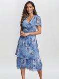 Gina Bacconi Cherie Floral Metallic Tiered Dress, Blue