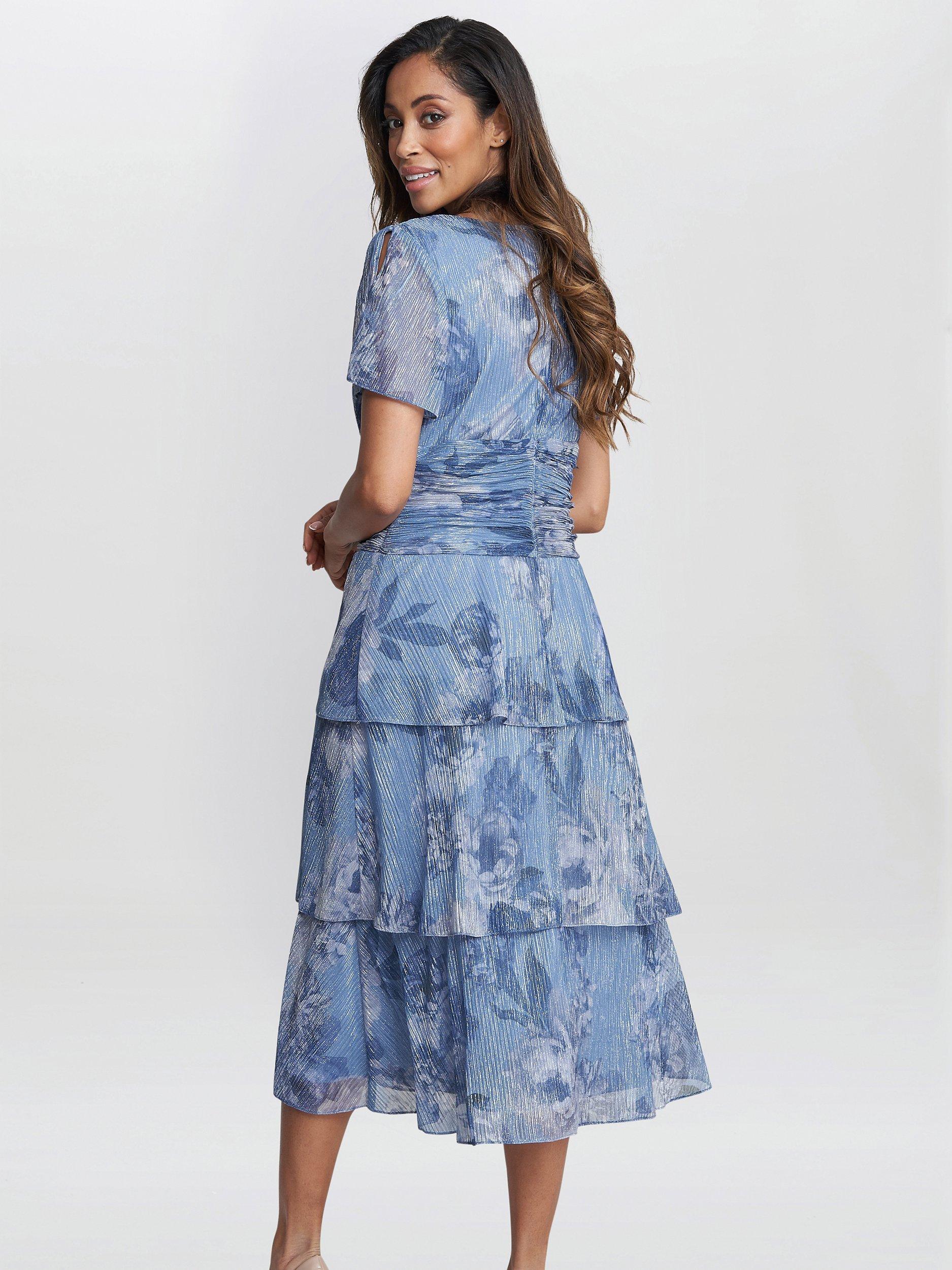 Product image 2 of 5, which shows Gina Bacconi Cherie Floral Metallic Tiered Dress, Blue, 14