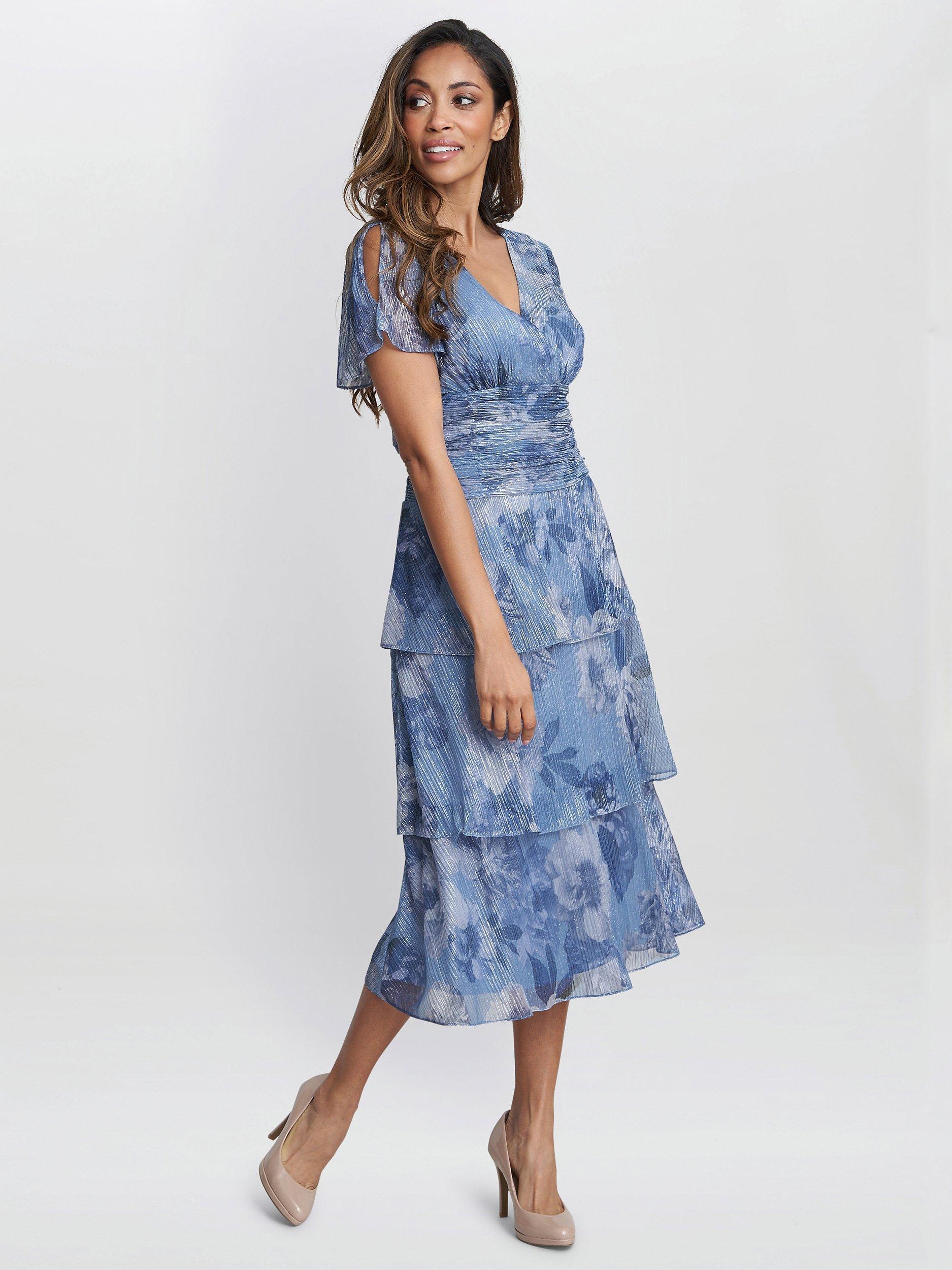 Product image 3 of 5, which shows Gina Bacconi Cherie Floral Metallic Tiered Dress, Blue, 14