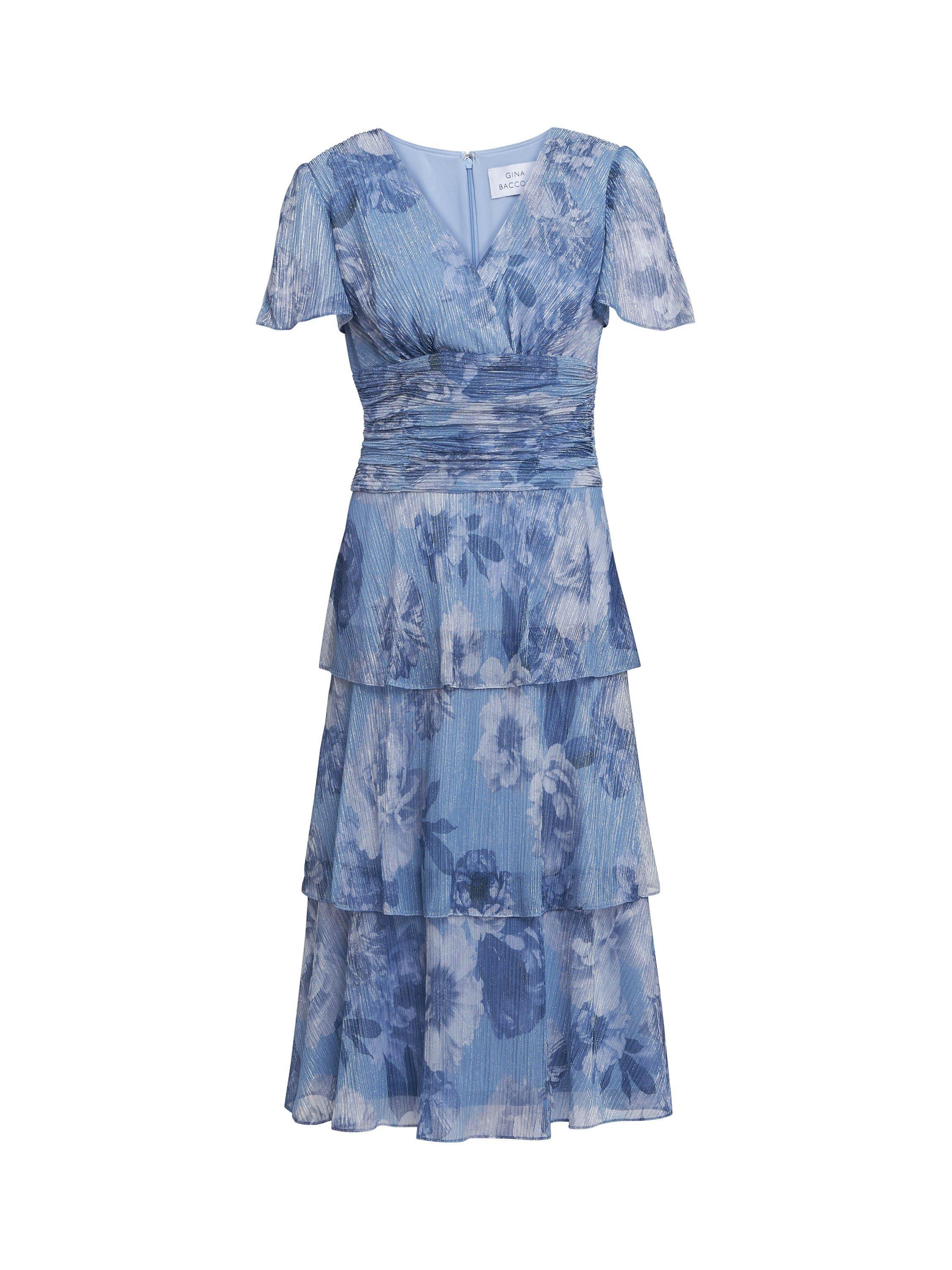 Product image 4 of 5, which shows Gina Bacconi Cherie Floral Metallic Tiered Dress, Blue, 14