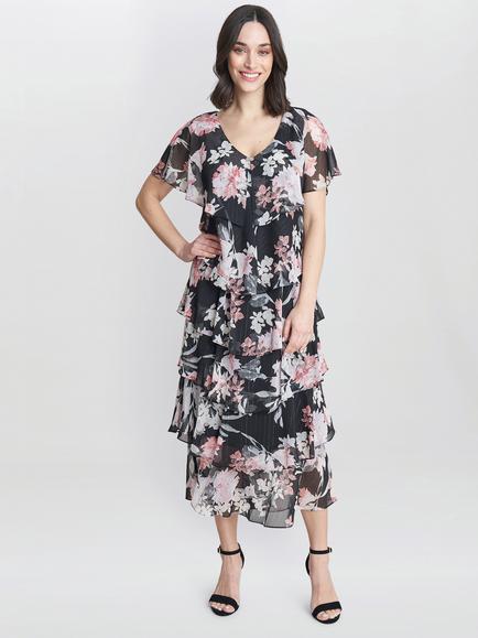 Gina Bacconi Janice Tiered Midi Dress, Black/Multi, Black/Multi