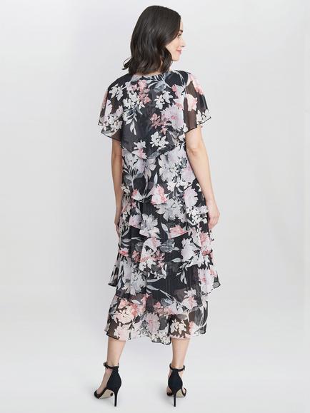Gina Bacconi Janice Tiered Midi Dress, Black/Multi - view 2, Black/Multi