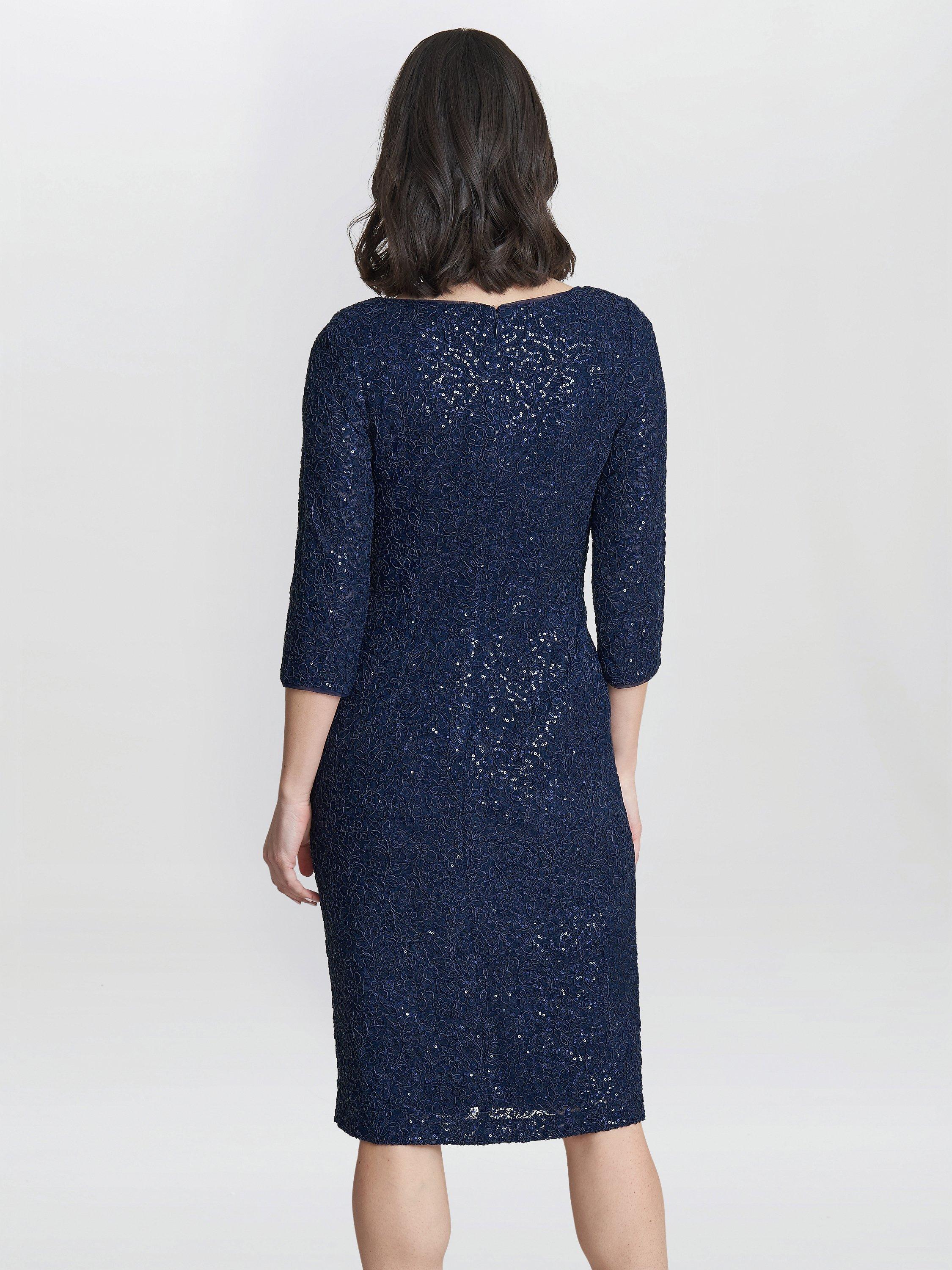 Product image 2 of 4, which shows Gina Bacconi Cassandra Sequin Lace Dress, Navy, 12