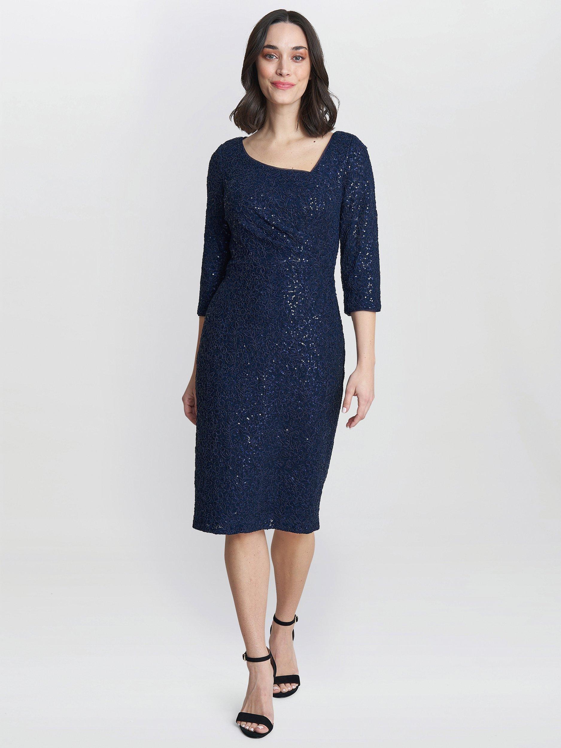 Product image 3 of 4, which shows Gina Bacconi Cassandra Sequin Lace Dress, Navy, 12