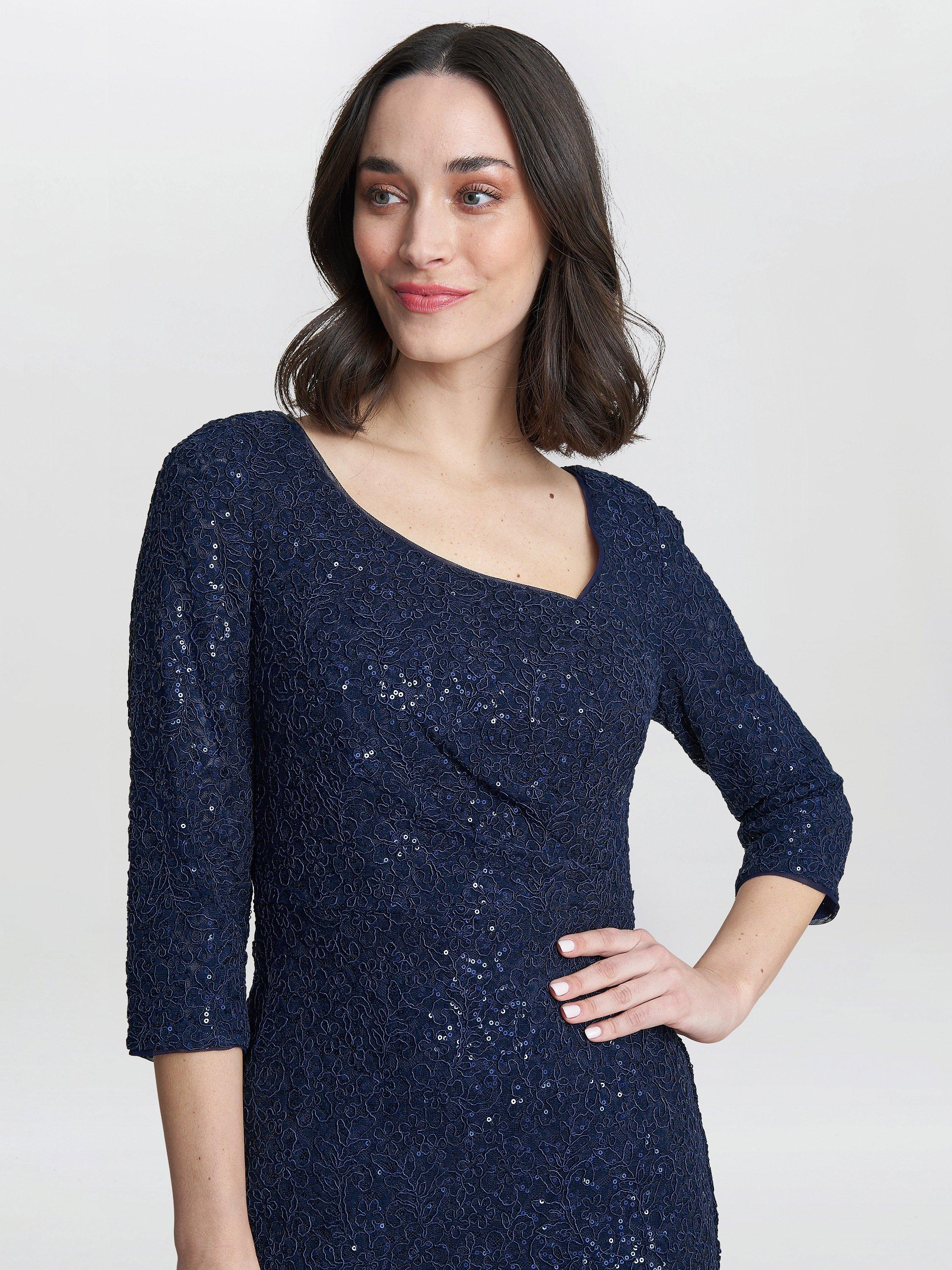 Product image 4 of 4, which shows Gina Bacconi Cassandra Sequin Lace Dress, Navy, 12