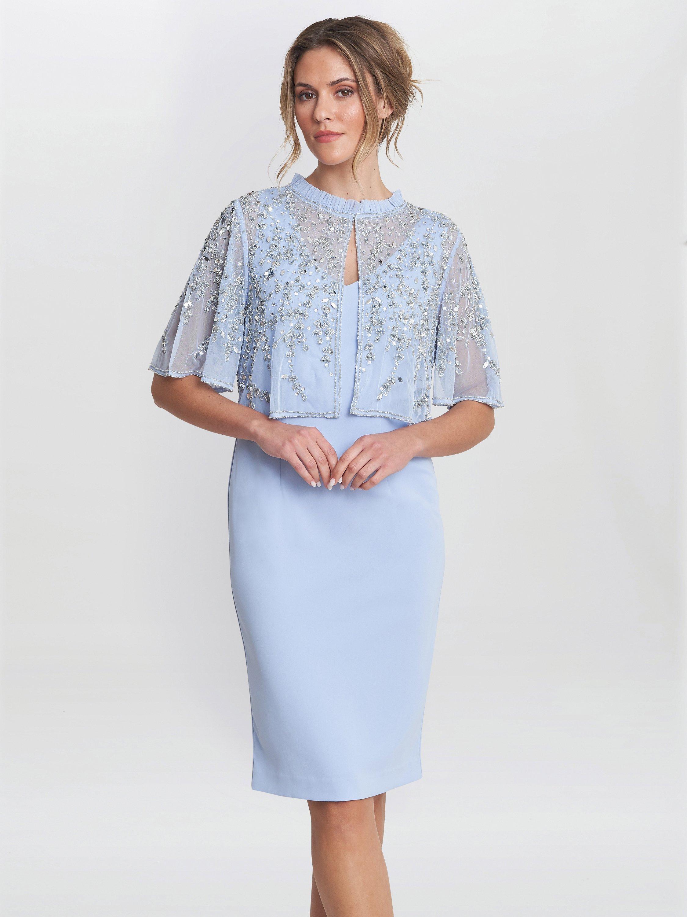 Gina Bacconi Monica Beaded Jacket Frill Neck Dress Nordic Blue