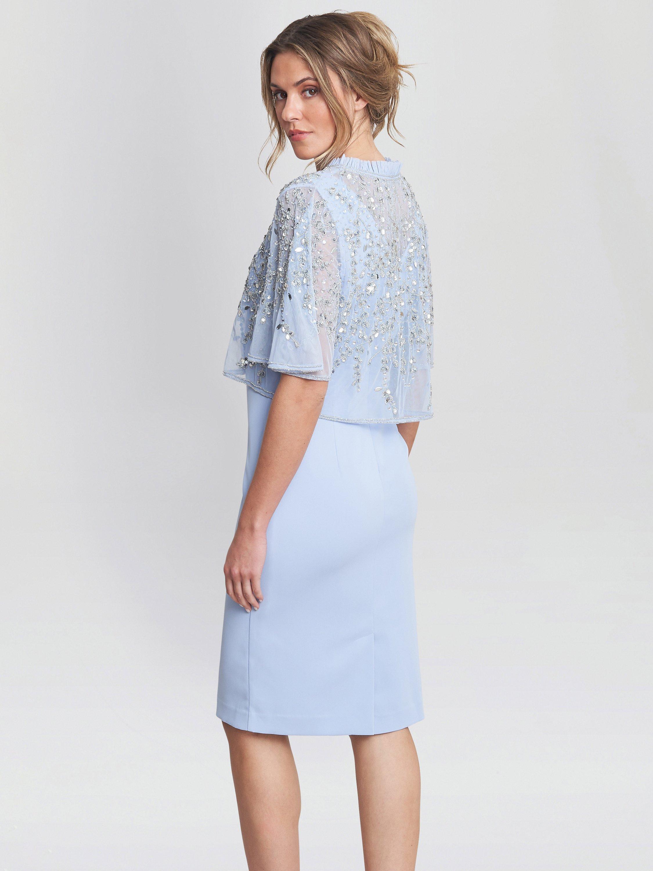 Product image 2 of 5, which shows Gina Bacconi Monica Beaded Jacket Frill Neck Dress, Nordic Blue, 10