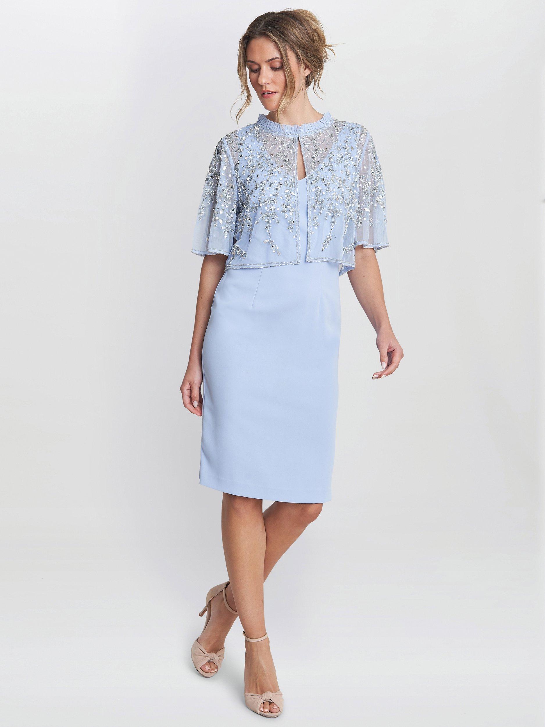 Product image 3 of 5, which shows Gina Bacconi Monica Beaded Jacket Frill Neck Dress, Nordic Blue, 10