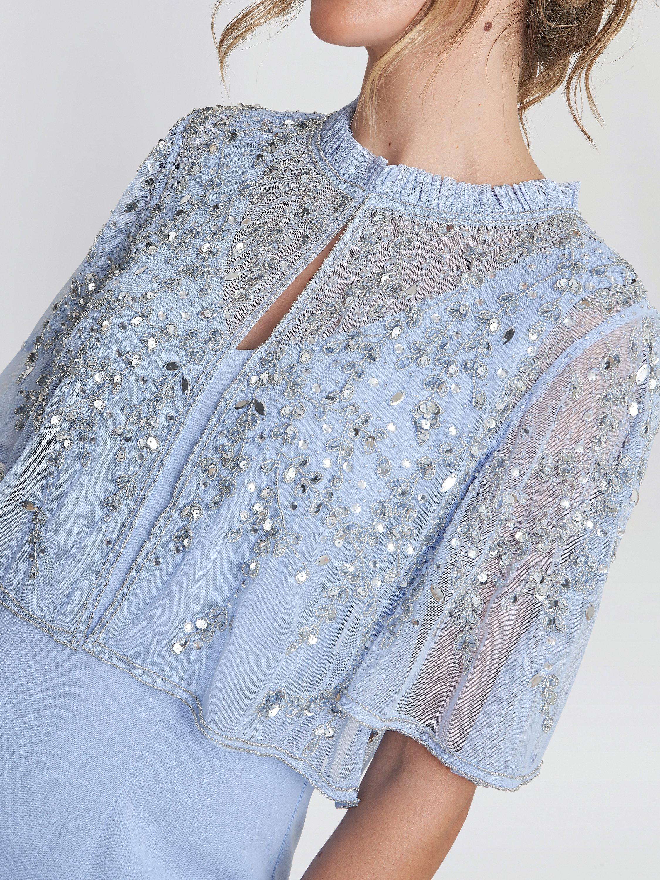Product image 5 of 5, which shows Gina Bacconi Monica Beaded Jacket Frill Neck Dress, Nordic Blue, 10