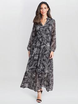 Gina Bacconi Iona Print Stand Collar Dress, Black/Cream, Black/Cream