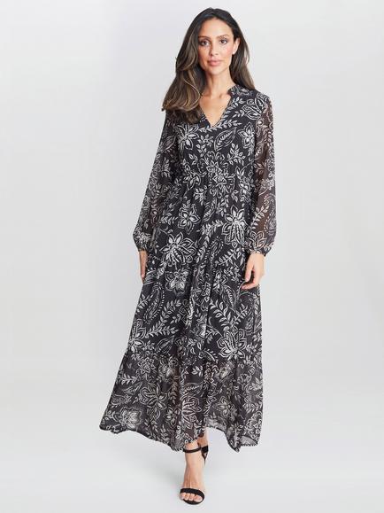 Gina Bacconi Iona Print Stand Collar Dress, Black/Cream, Black/Cream