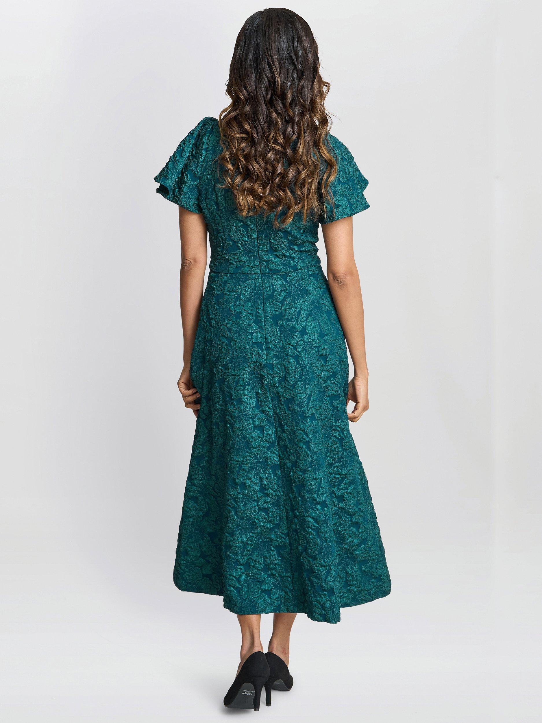 Product image 2 of 5, which shows Gina Bacconi Claudina Jacquard Dress, Forest Green, 6