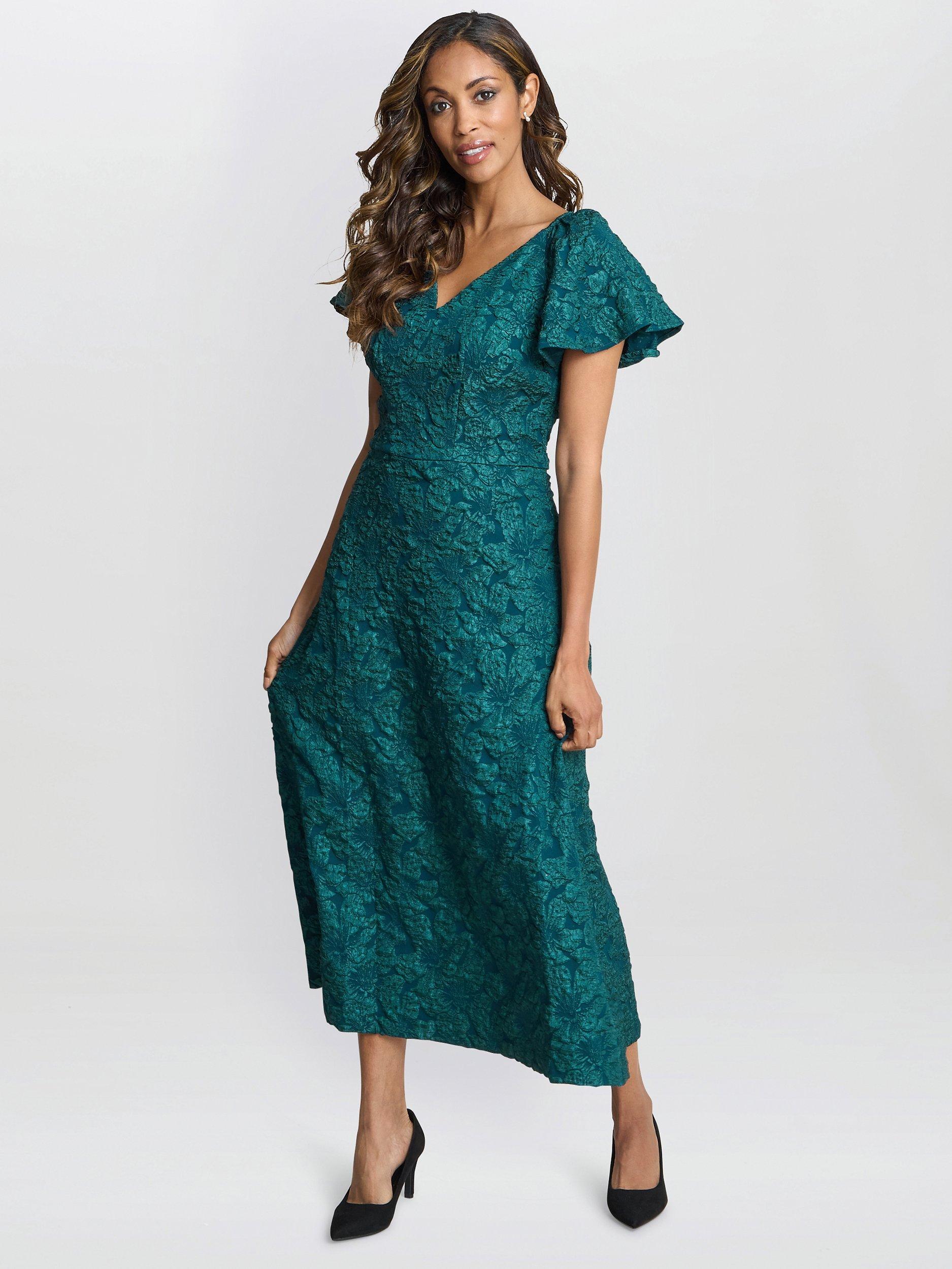 Product image 3 of 5, which shows Gina Bacconi Claudina Jacquard Dress, Forest Green, 6