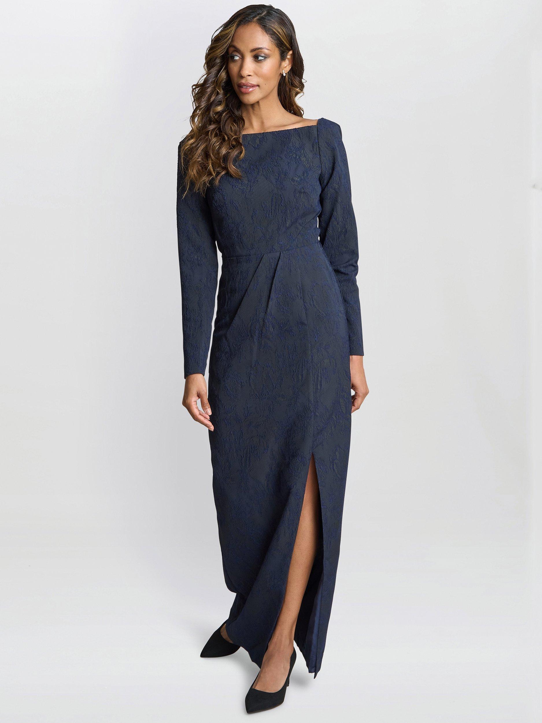 Gina Bacconi Amira Stretch Jacquard Maxi Dress Navy