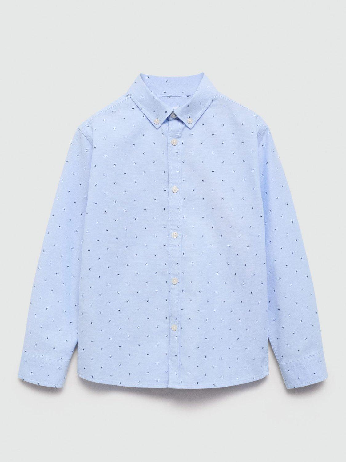 Mango Kids' Printed Cotton Oxford Shirt, Light Pastel Blue