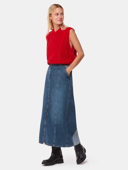 Whistles Patchwork Denim Midi Skirt, Blue, Blue