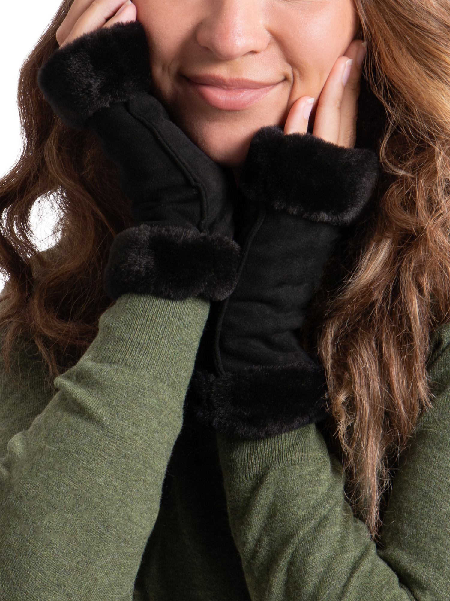 Product image 2 of 2, which shows totes Isotoner Women's Faux Suede Fingerless Gloves, Black