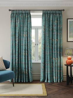 John Lewis Cordelia Floral Weave Pair Lined Pencil Pleat Curtains - view 2, Soft Teal