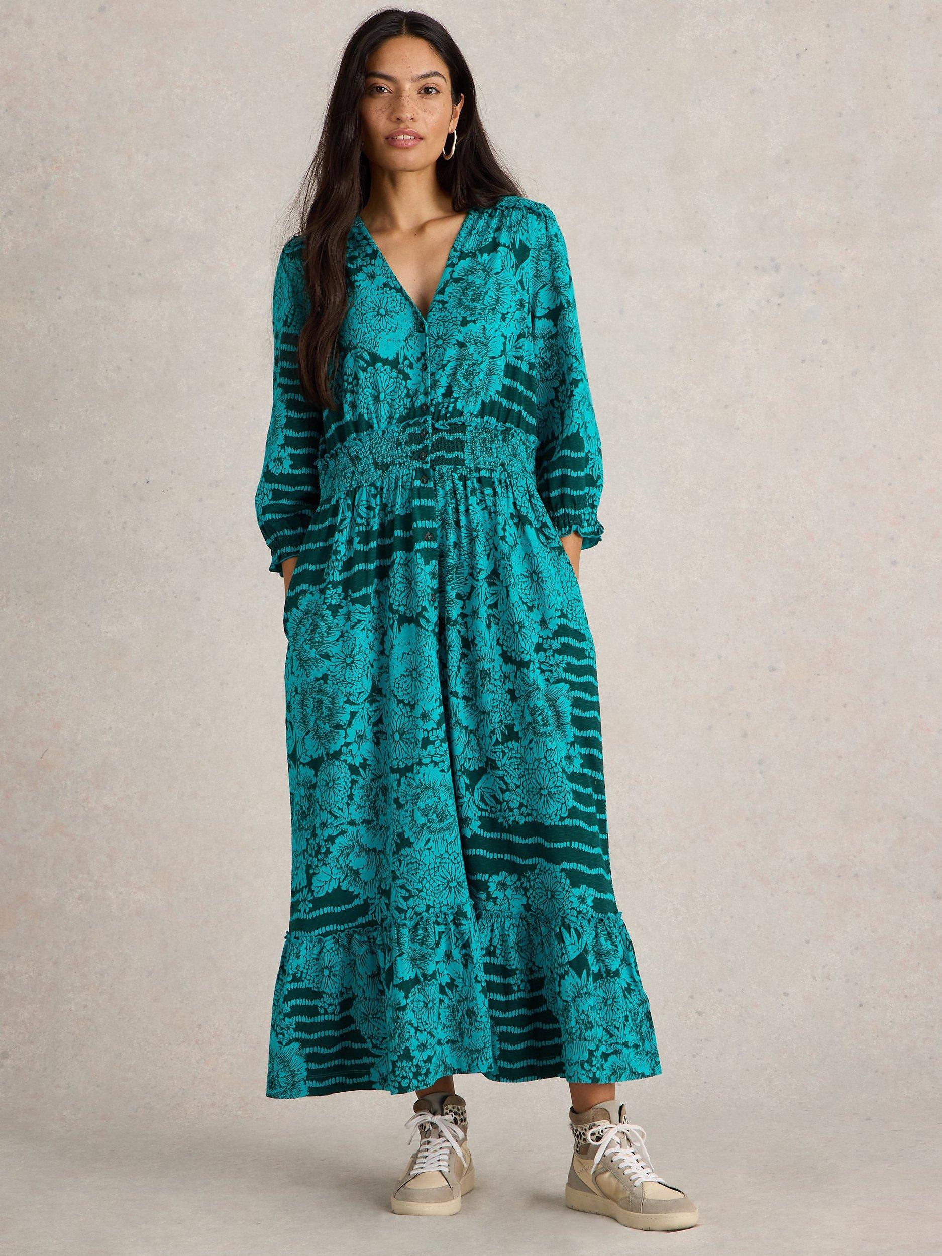 White Stuff Jonie Shirred Dress, Teal/Multi