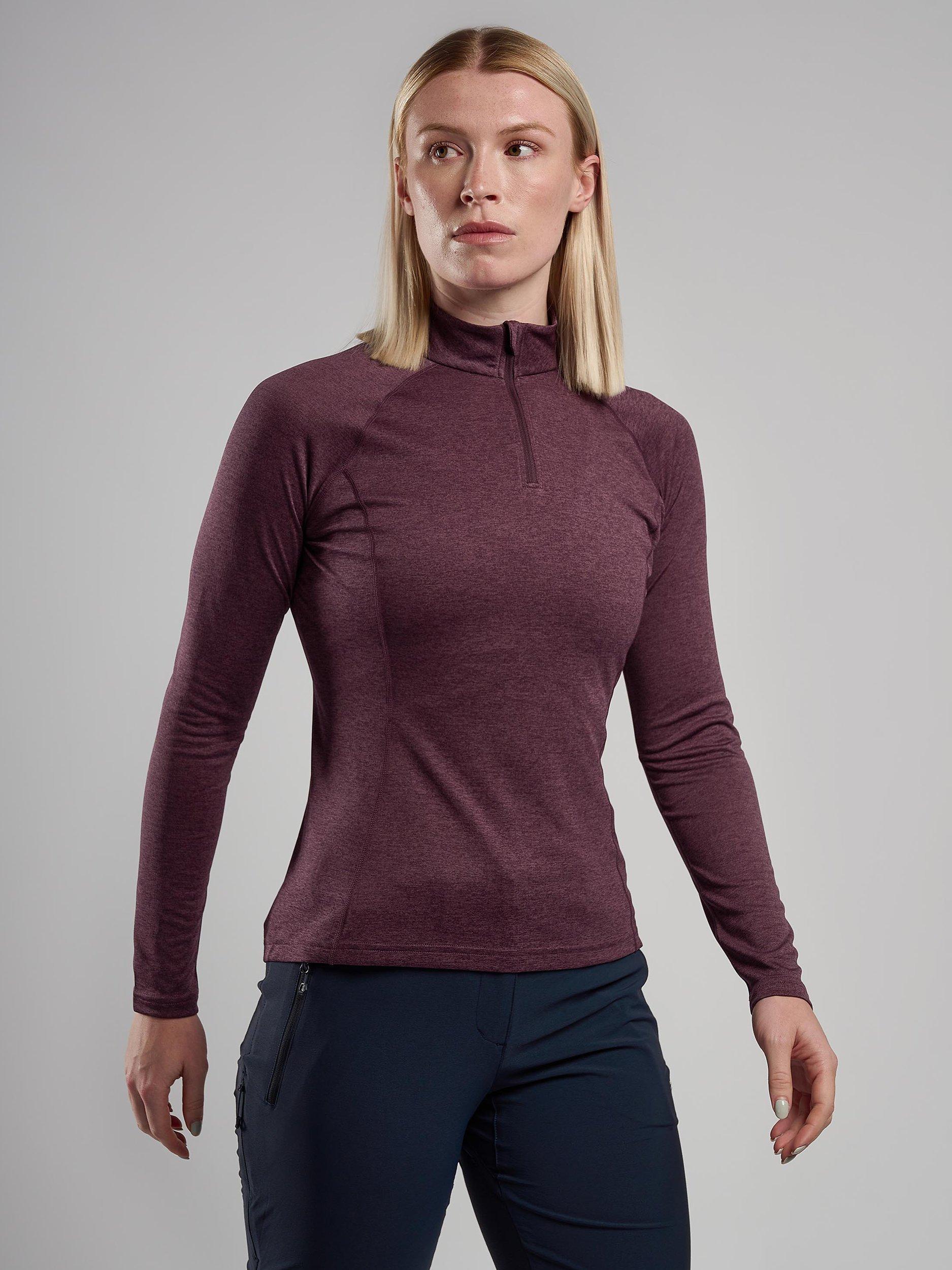 Product image 1 of 3, which shows Montane Women's Dart Zip Neck Long Sleeve T-Shirt, Mulberry, 6