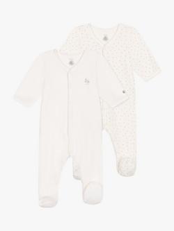 Petit Bateau Baby Soft Velour Sleepsuits, Pack of 2, White/Multi, White/Multi