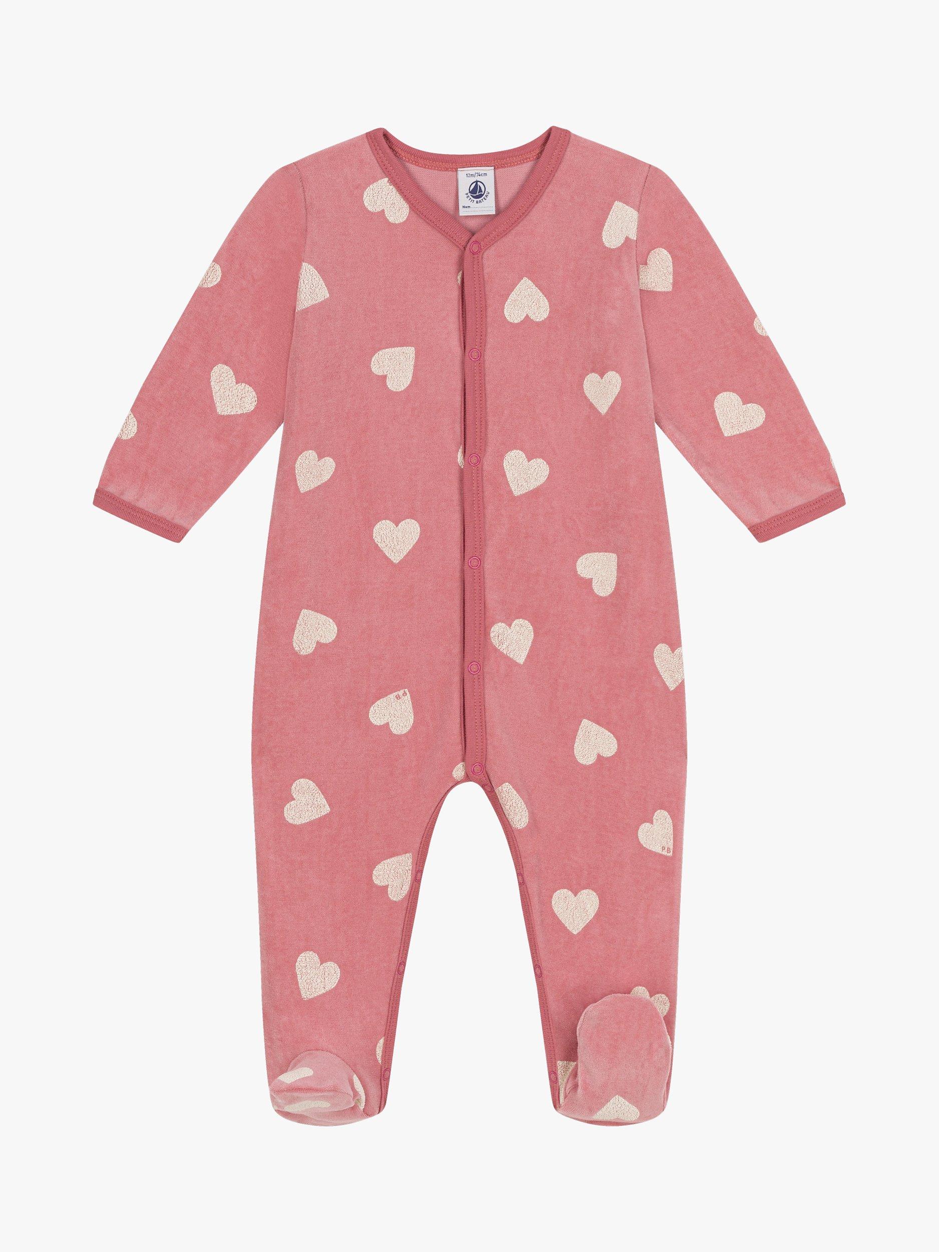 Petit Bateau Baby Velour Cotton Heart Print Sleepsuit, Rosewood/Marshmallow