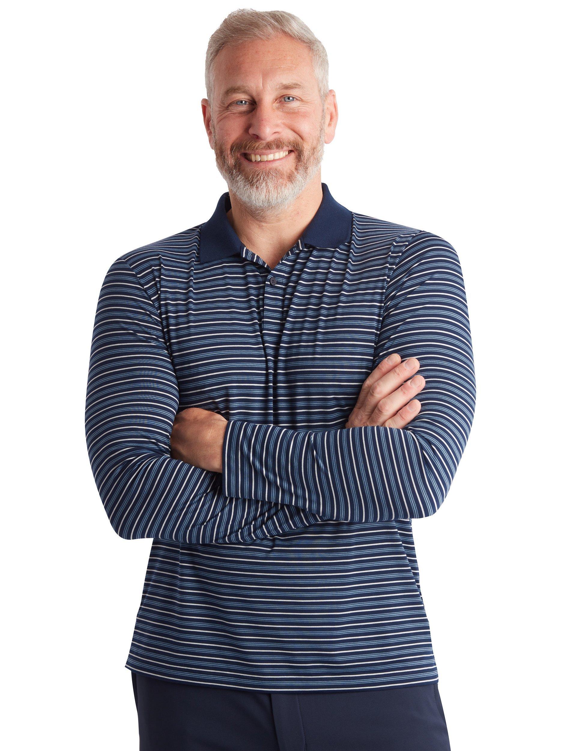 Product image 1 of 5, which shows Rohan Men's Long Sleeve Shoreline Polo Top, Frenchbluebluestripe, S