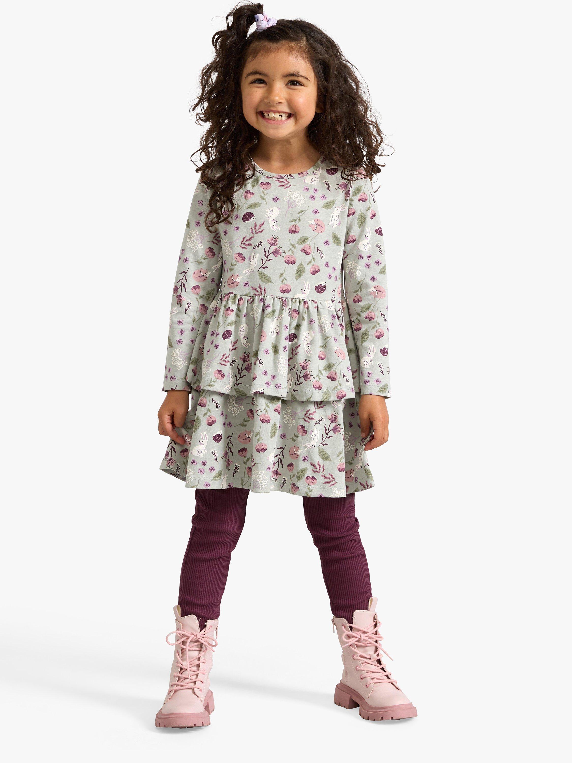Product image 1 of 6, which shows Lindex Kids' Woodland Print Peplum Dress, Light Dusty Turquois, 18-24 months