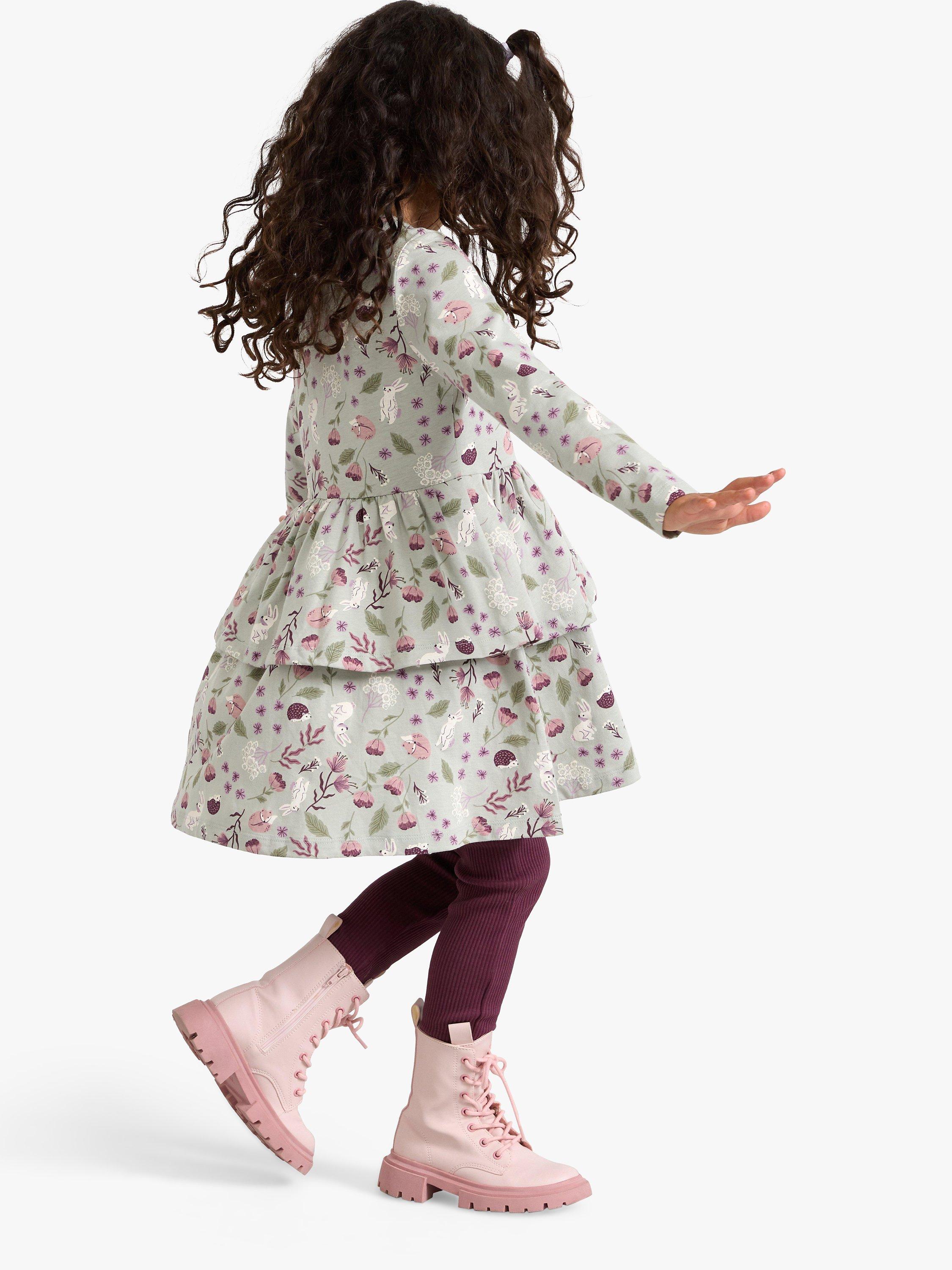 Product image 2 of 6, which shows Lindex Kids' Woodland Print Peplum Dress, Light Dusty Turquois, 18-24 months