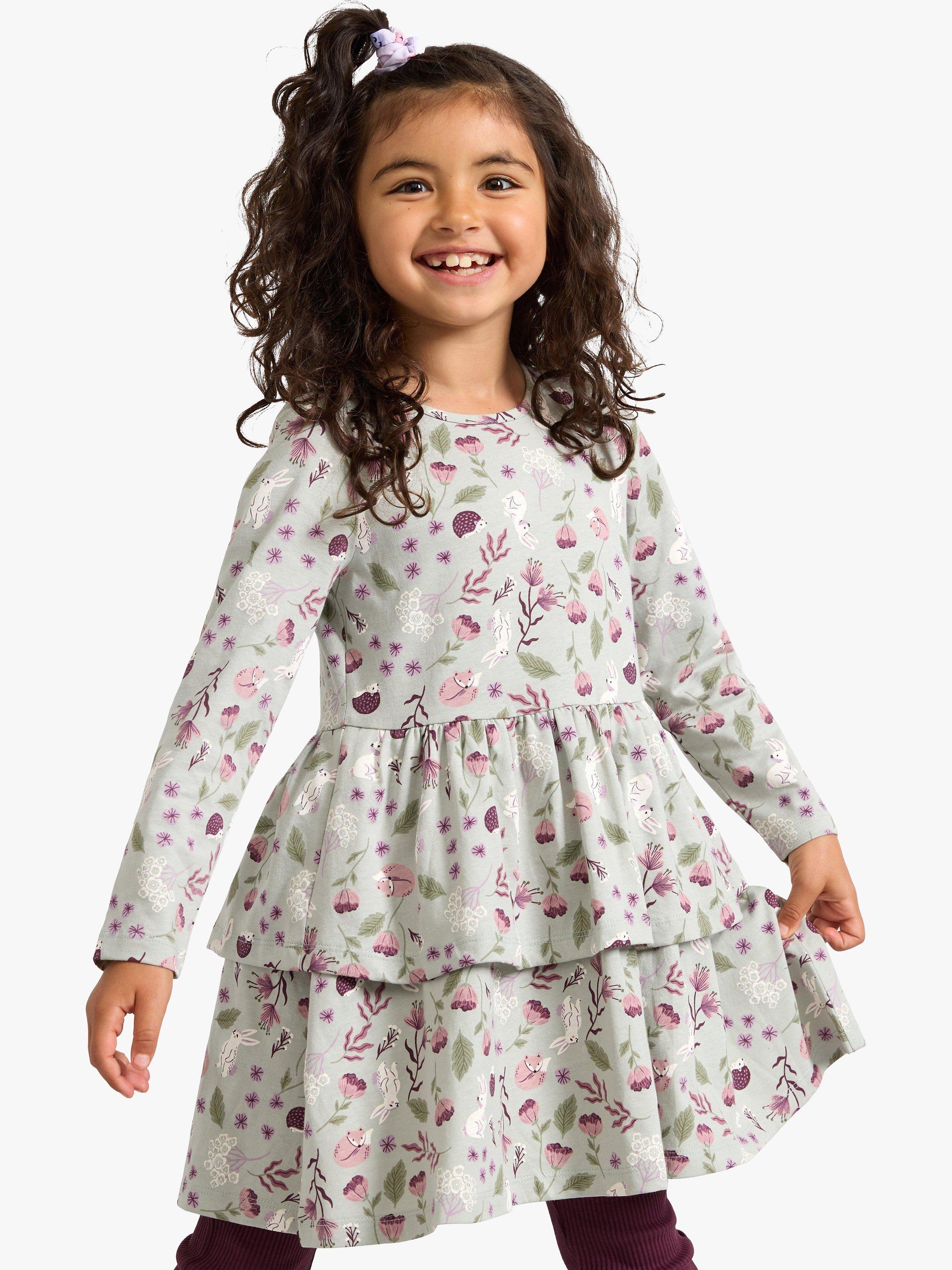 Product image 3 of 6, which shows Lindex Kids' Woodland Print Peplum Dress, Light Dusty Turquois, 18-24 months
