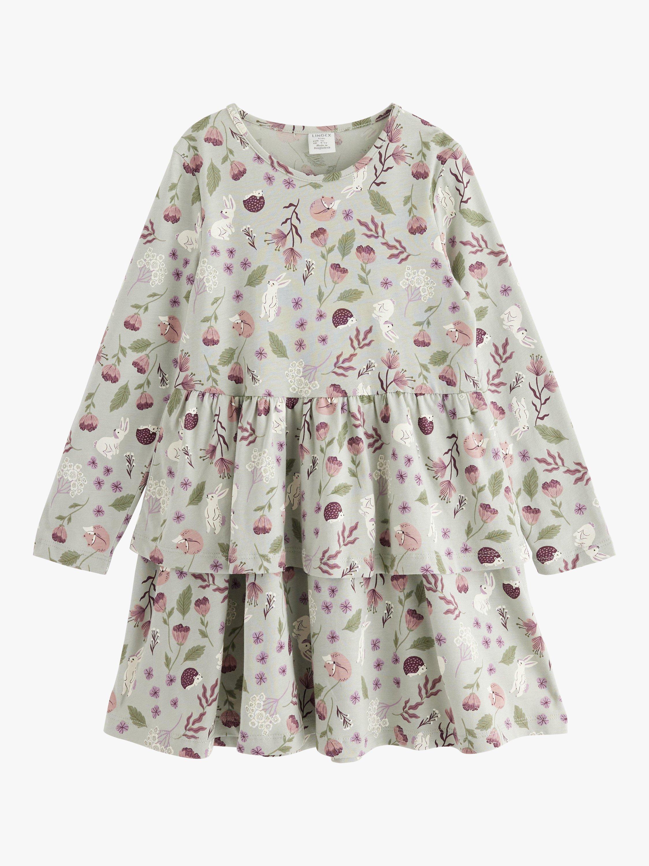 Product image 4 of 6, which shows Lindex Kids' Woodland Print Peplum Dress, Light Dusty Turquois, 18-24 months