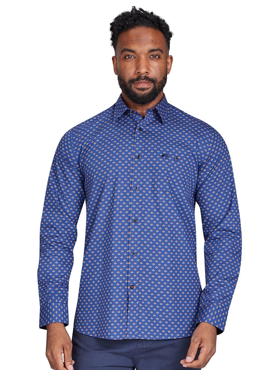 Product image 1 of 7, which shows Raging Bull Leaf Print Shirt, Navy/Orange, S