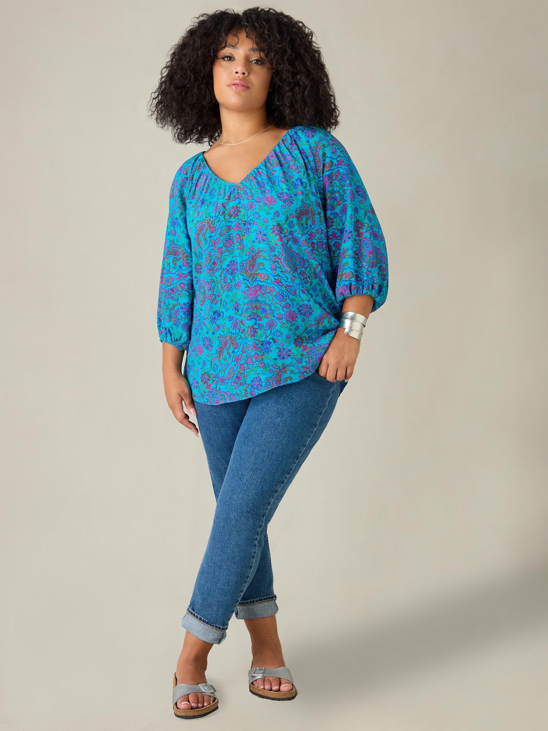 Product image 1 of 1, which shows Live Unlimited Curve Paisley Gathered Top, Blue, 14