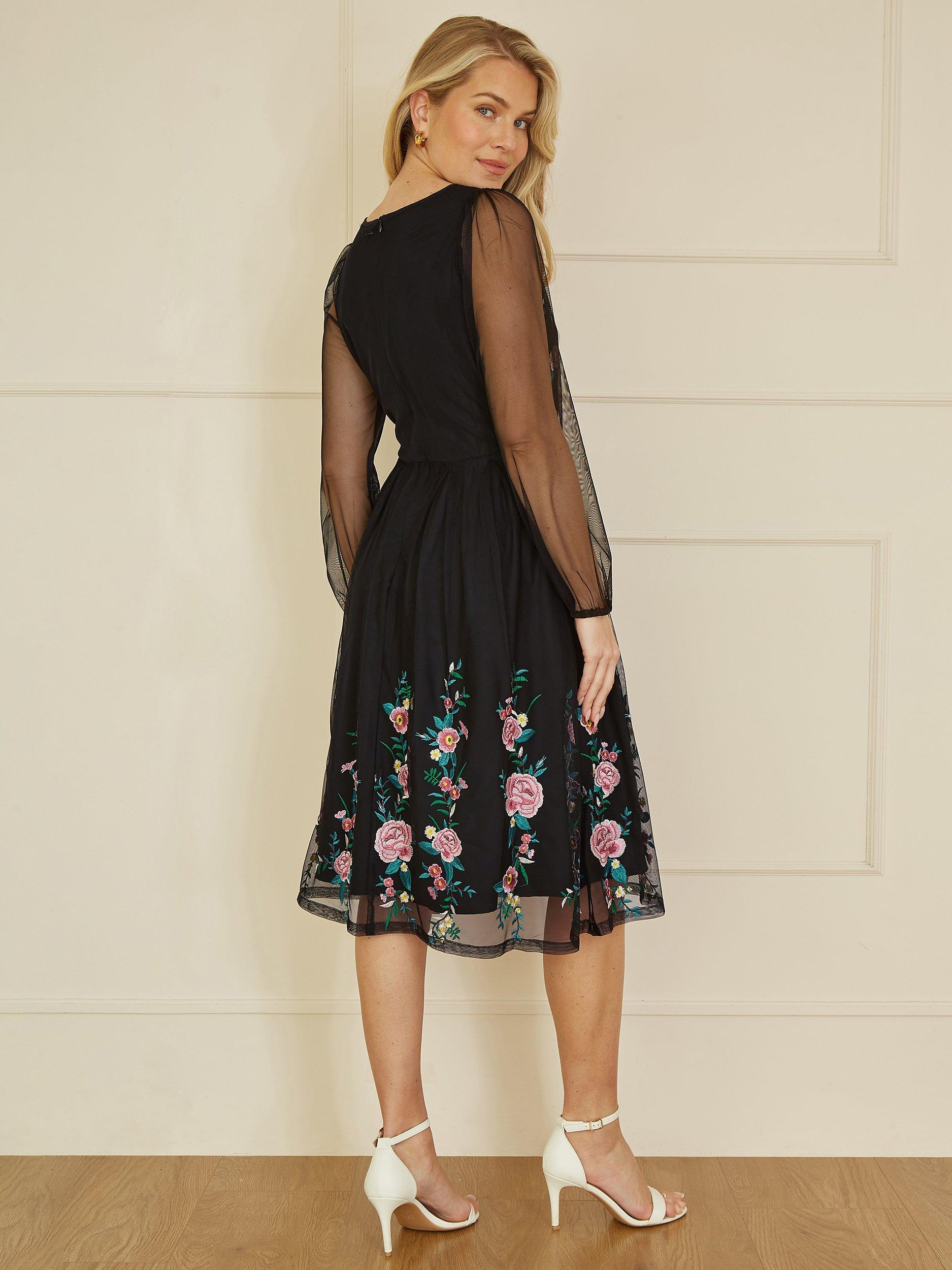 Product image 3 of 5, which shows Yumi Floral Embroidered Mesh Midi Dress, Black, 8