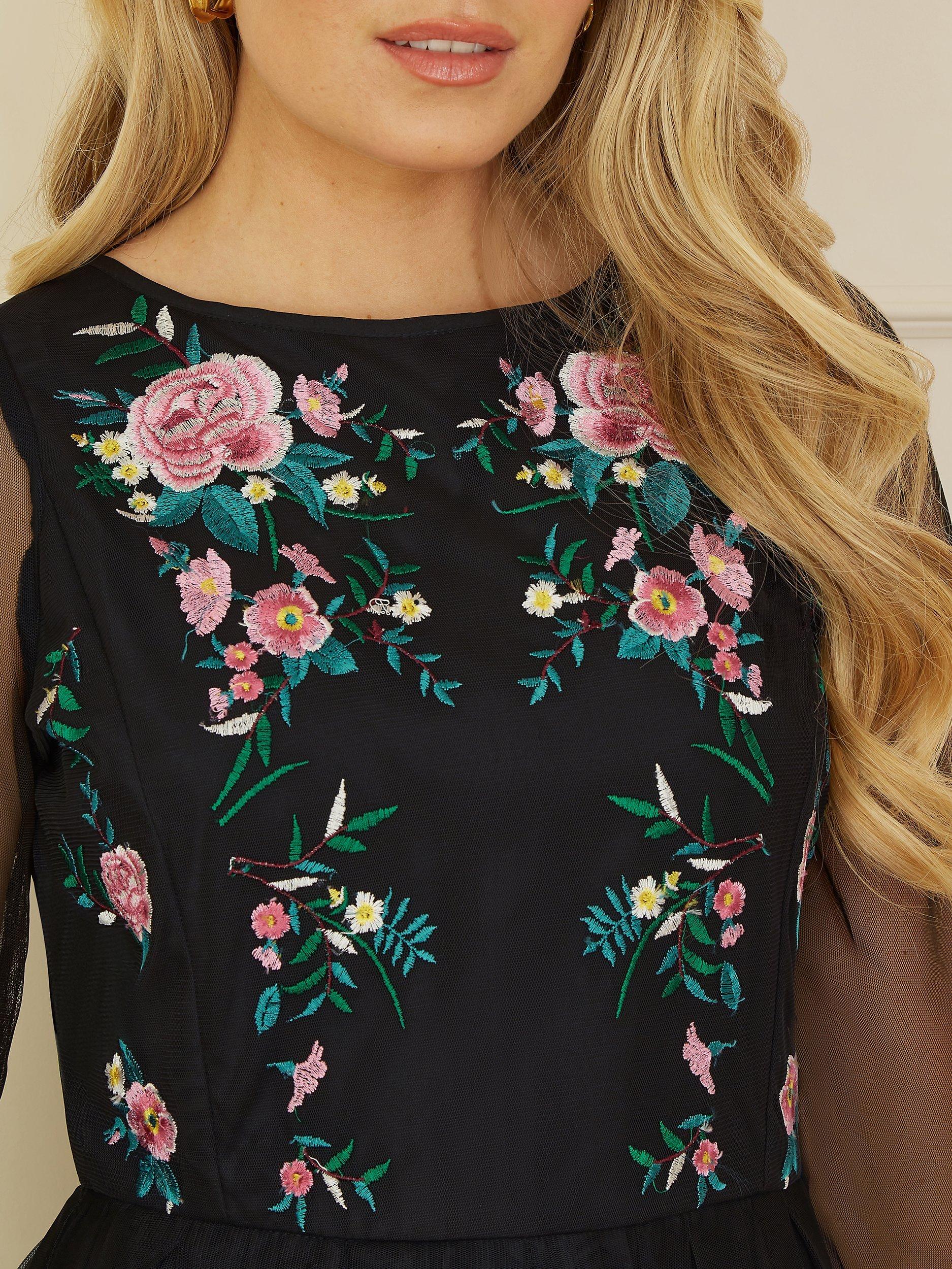 Product image 4 of 5, which shows Yumi Floral Embroidered Mesh Midi Dress, Black, 8