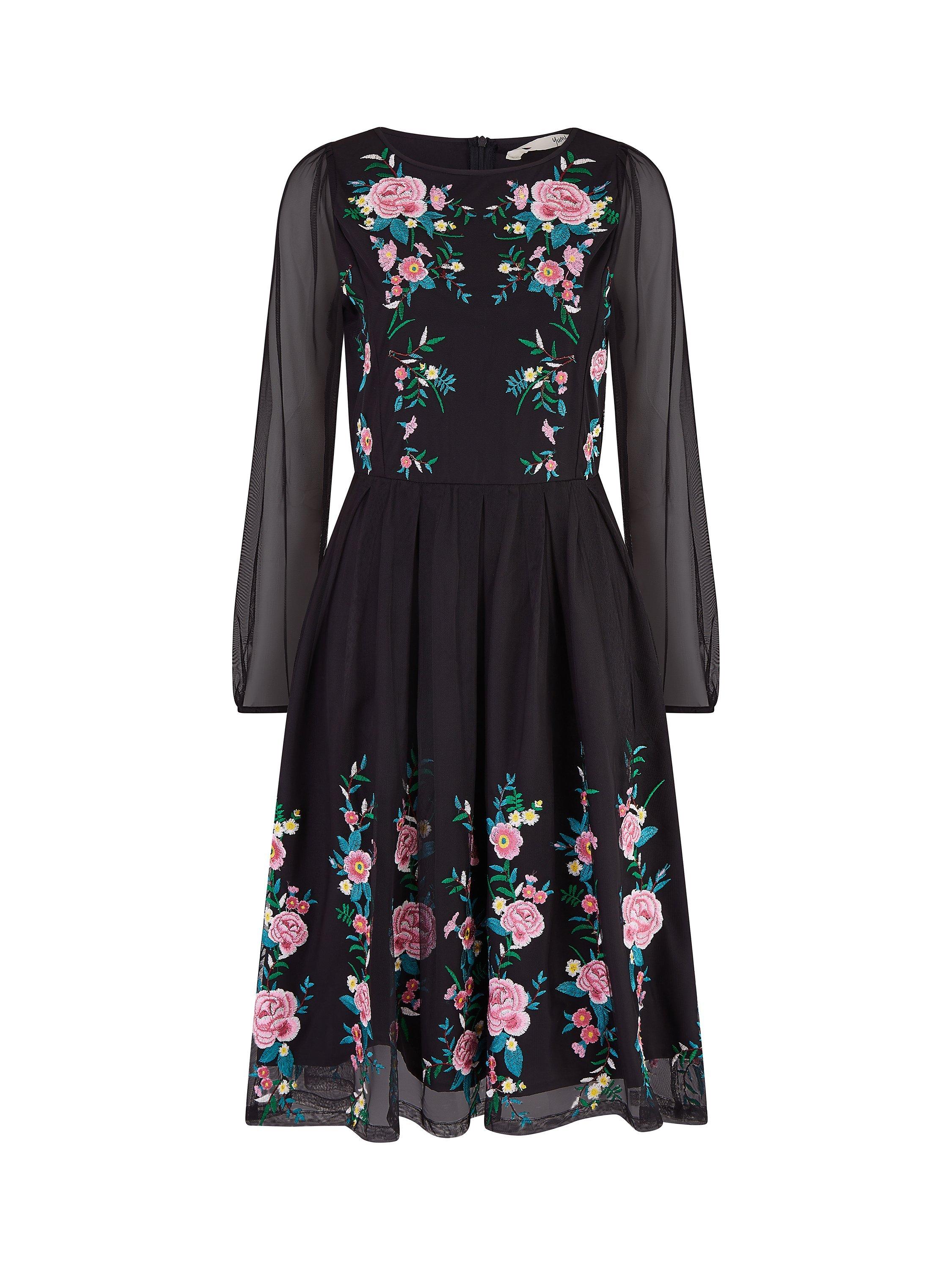 Product image 5 of 5, which shows Yumi Floral Embroidered Mesh Midi Dress, Black, 8