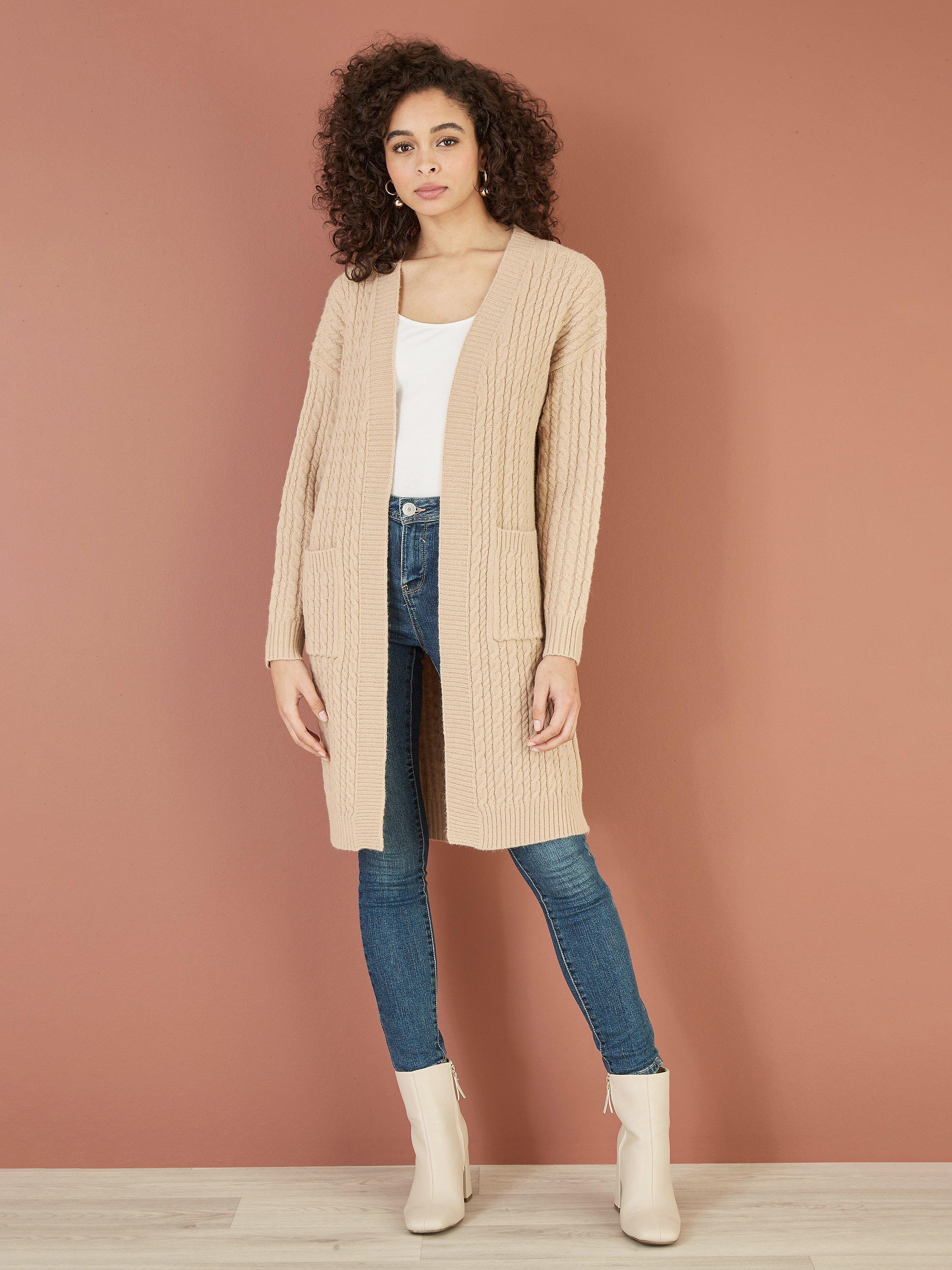 Product image 2 of 5, which shows Yumi Cable Knit Longline Cardigan, Oatmeal, S-M