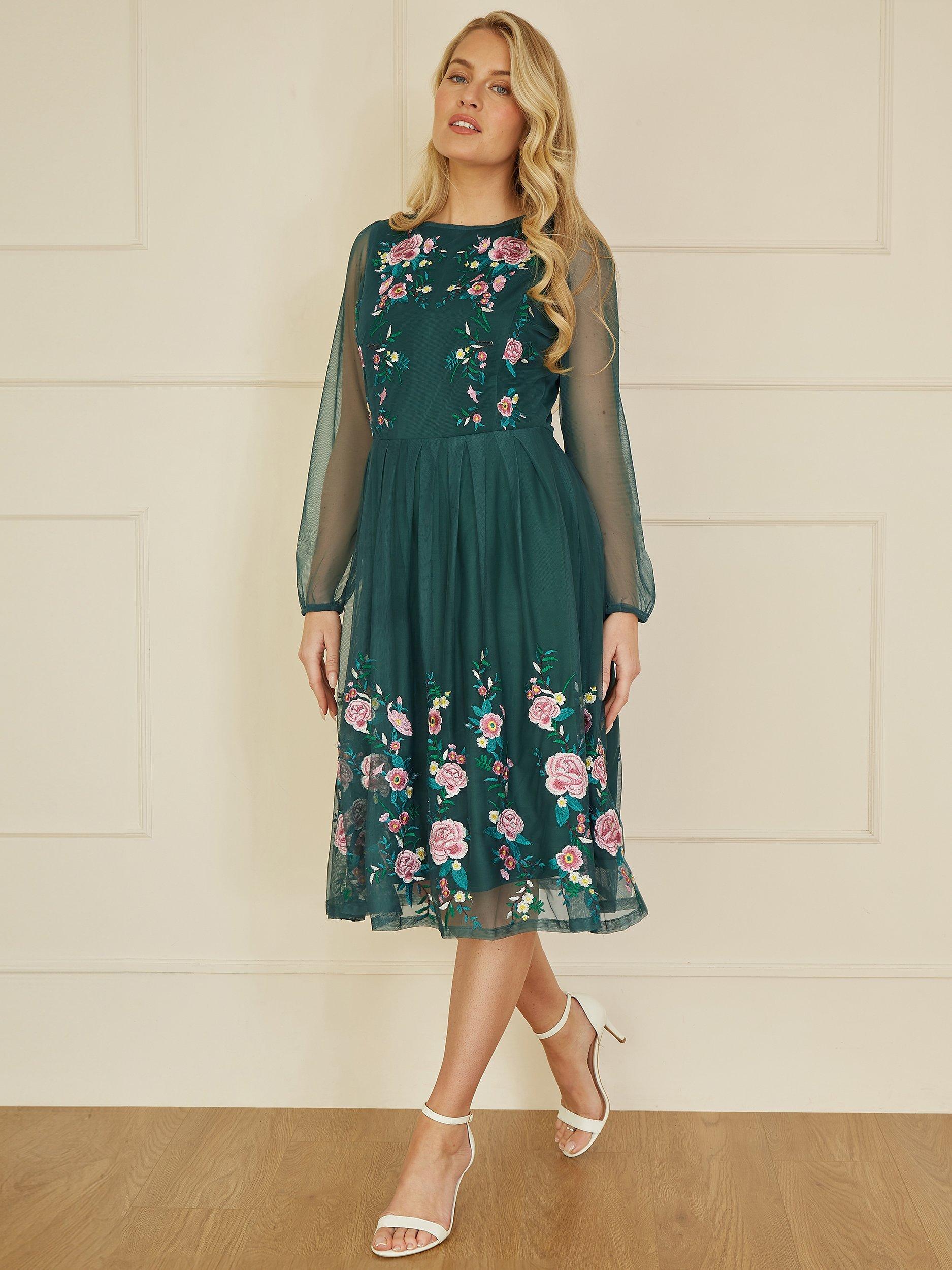 Product image 2 of 5, which shows Yumi Floral Embroidered Mesh Midi Dress, Green, 8