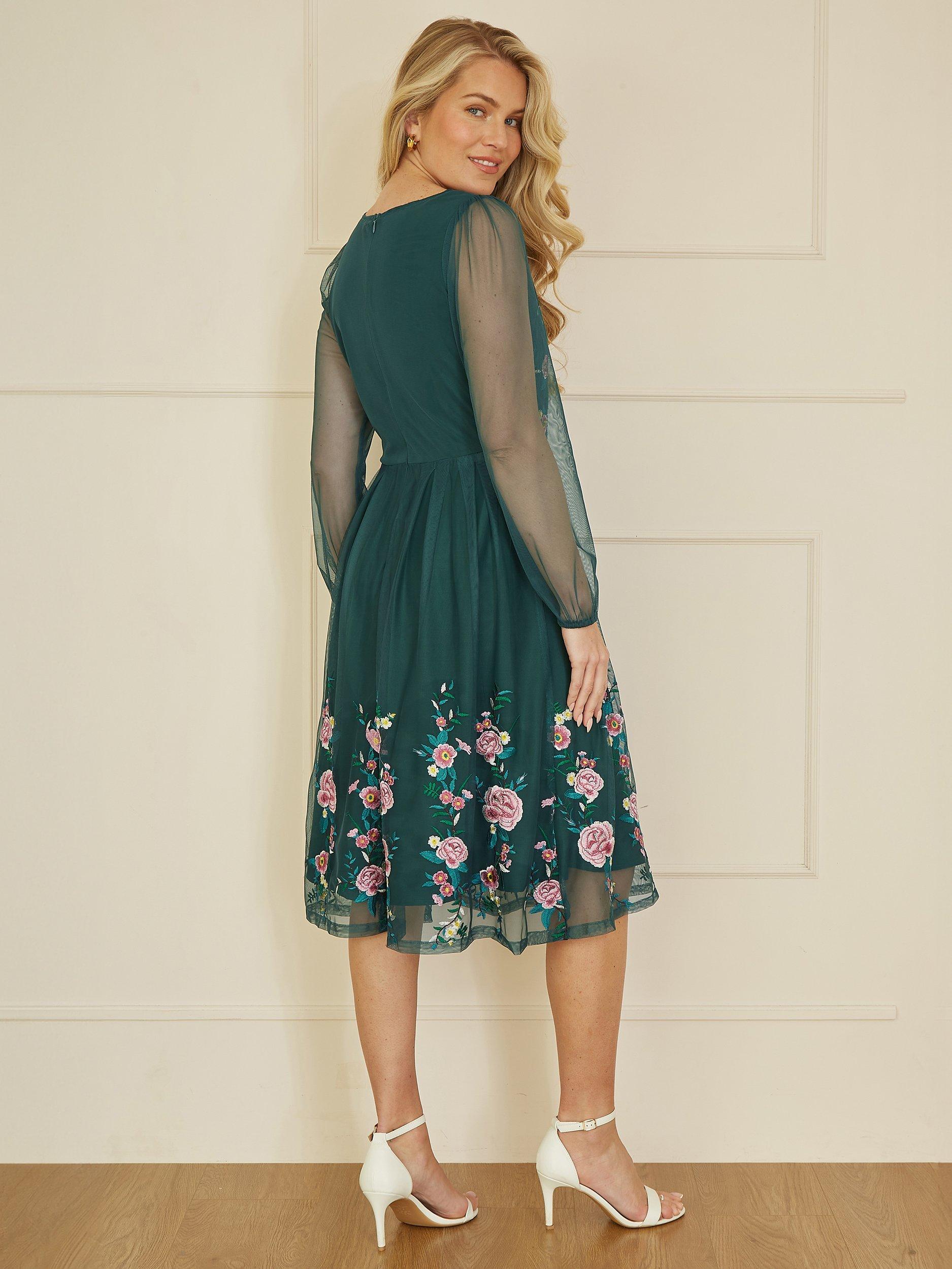 Product image 3 of 5, which shows Yumi Floral Embroidered Mesh Midi Dress, Green, 8