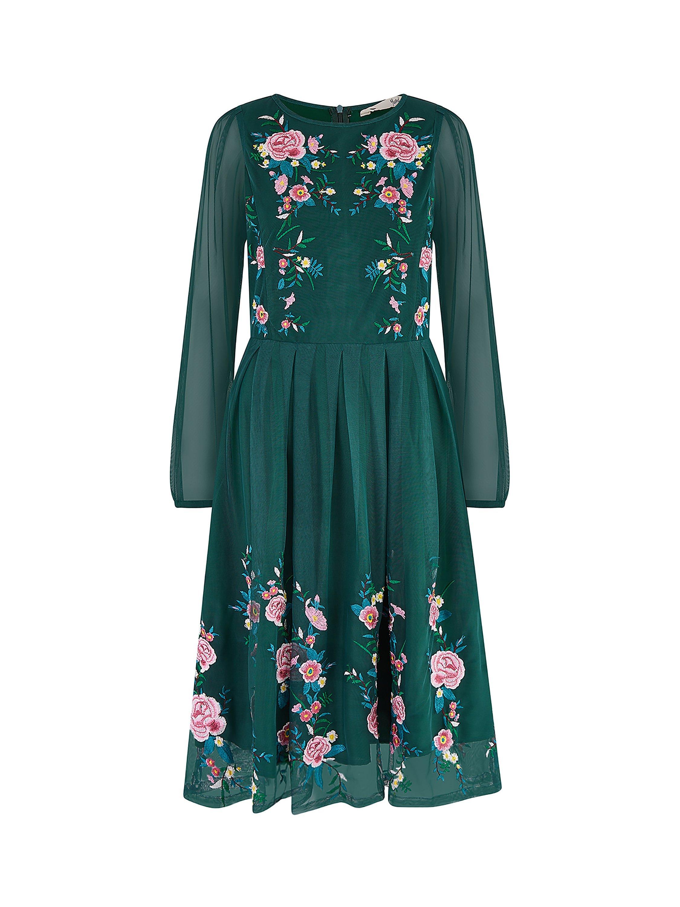 Product image 5 of 5, which shows Yumi Floral Embroidered Mesh Midi Dress, Green, 8