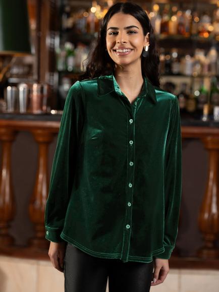 Yumi Velvet Relaxed Fit Long Sleeve Shirt, Green, Green