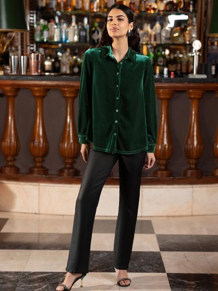 Yumi Velvet Relaxed Fit Long Sleeve Shirt, Green - view 2, Green