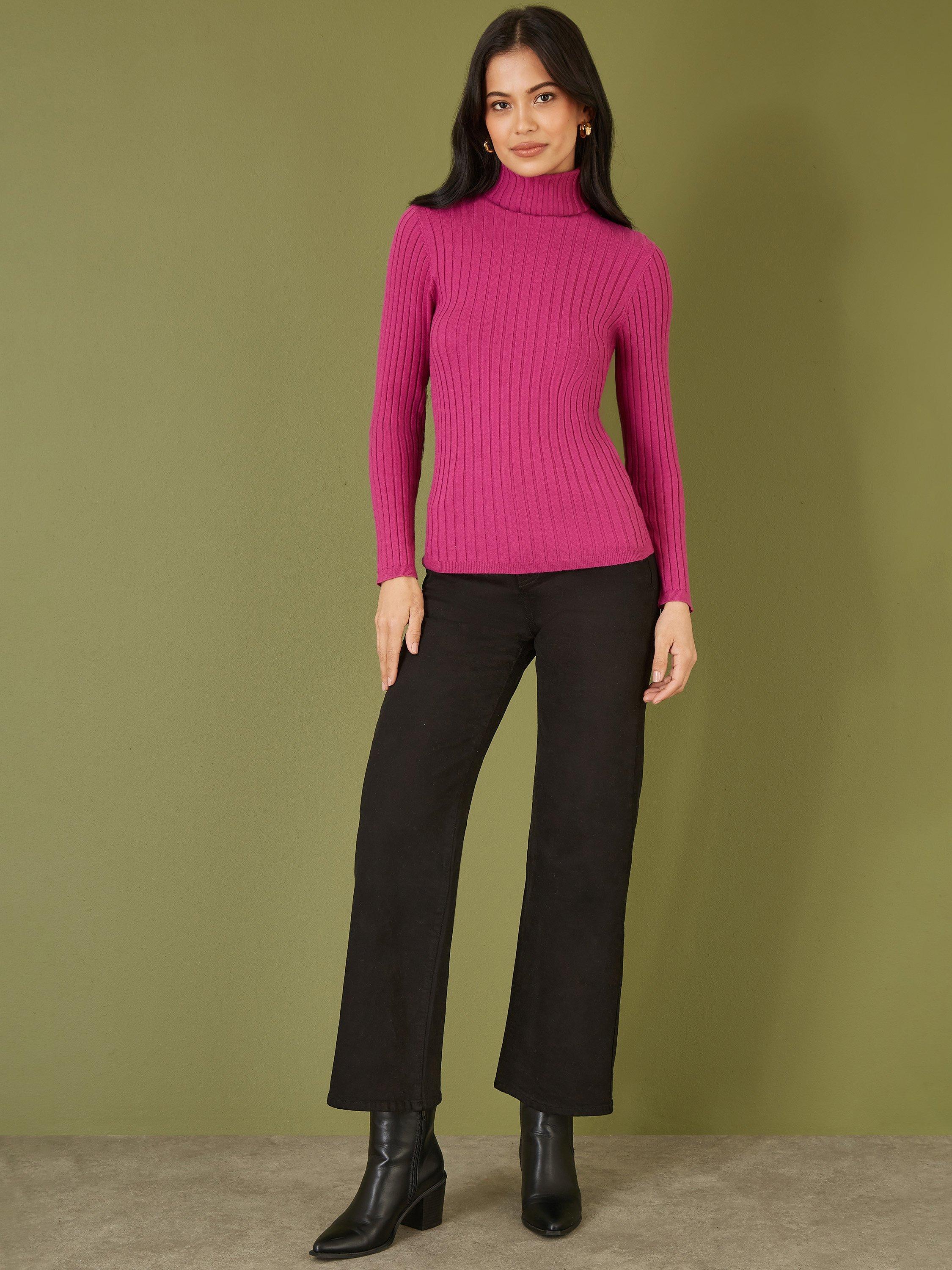 Product image 2 of 5, which shows Mela London Ribbed Knit Roll Neck Jumper, Pink, S