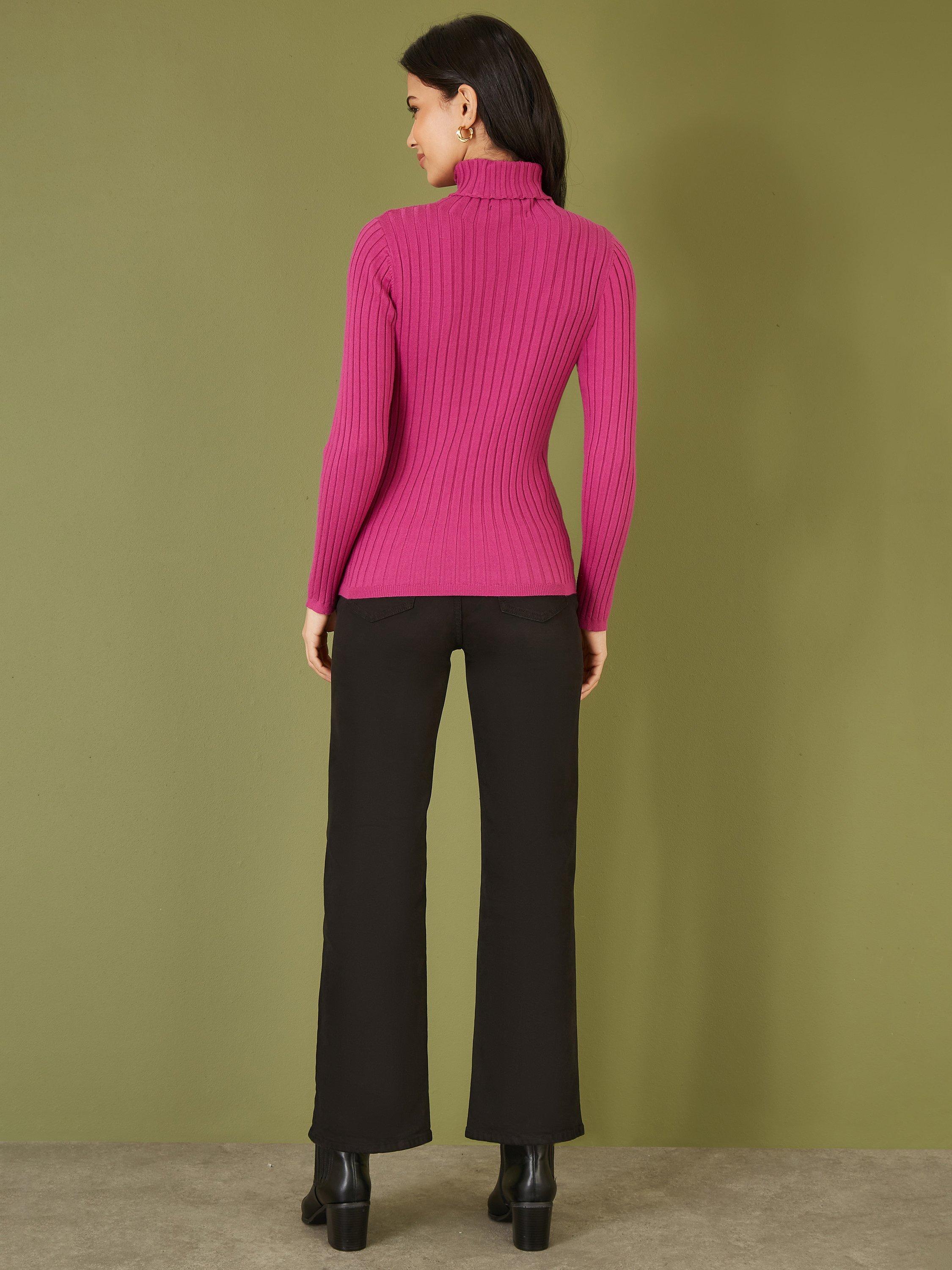 Product image 3 of 5, which shows Mela London Ribbed Knit Roll Neck Jumper, Pink, S