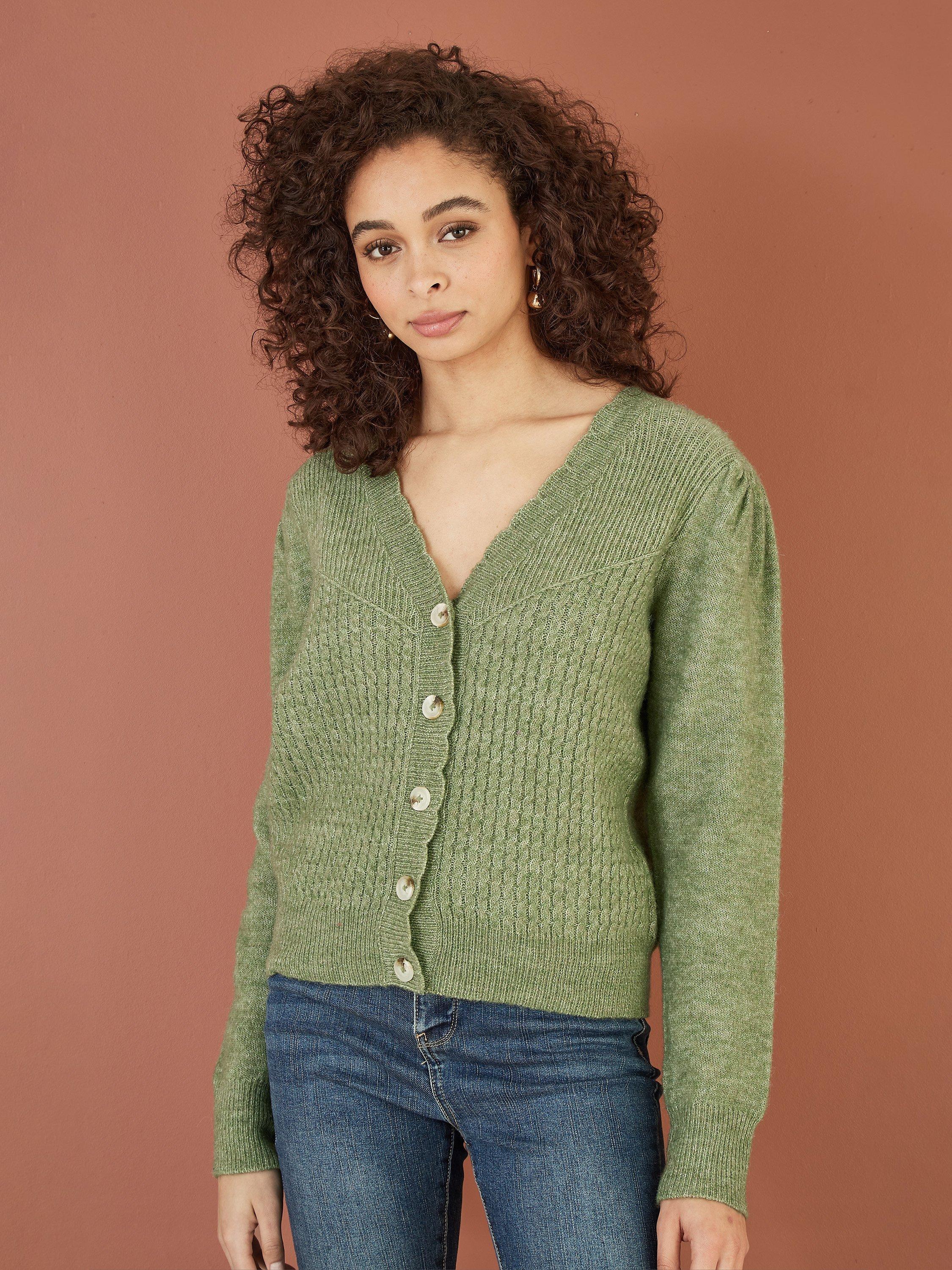 Product image 1 of 5, which shows Yumi Twist Knit Cardigan, Green, S