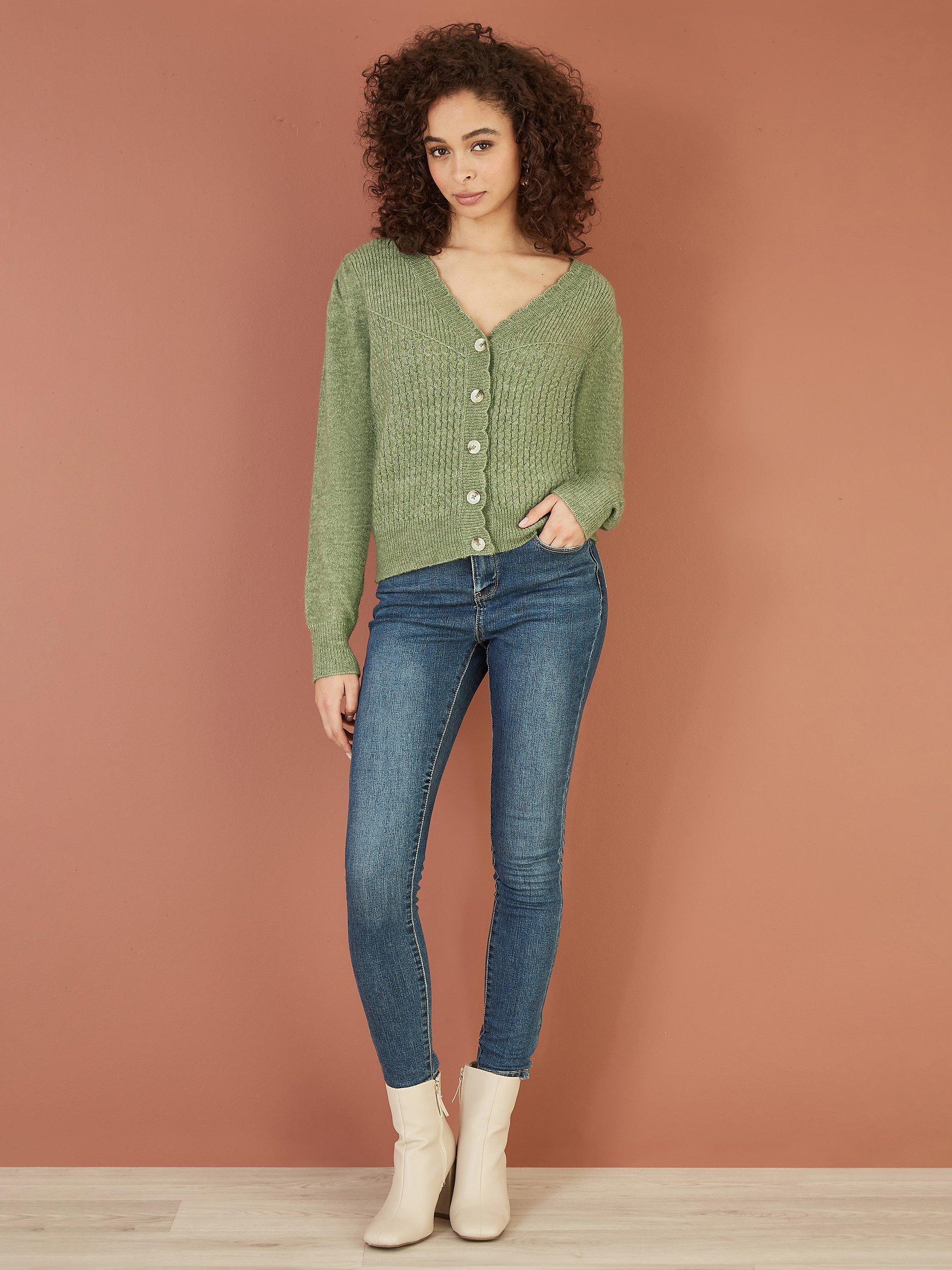 Product image 2 of 5, which shows Yumi Twist Knit Cardigan, Green, S