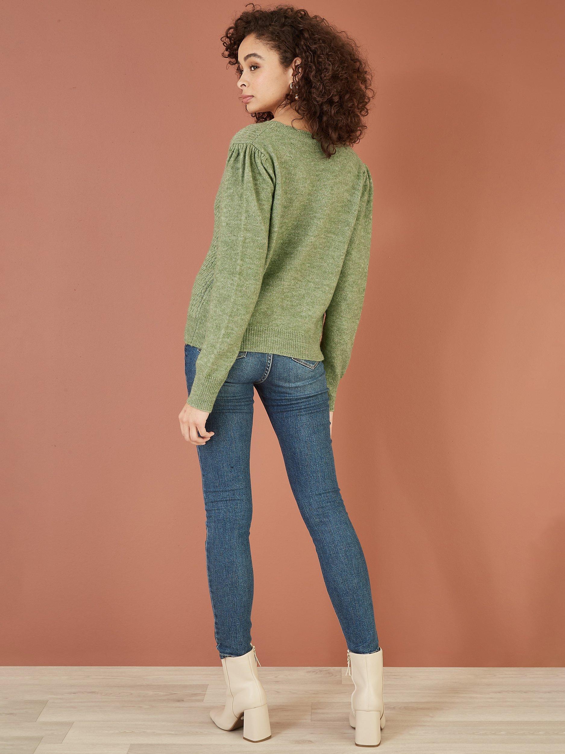 Product image 3 of 5, which shows Yumi Twist Knit Cardigan, Green, S