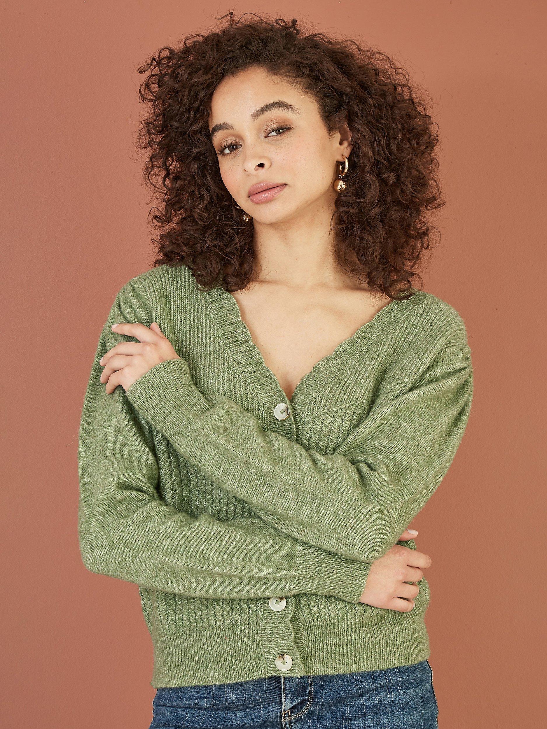Product image 4 of 5, which shows Yumi Twist Knit Cardigan, Green, S