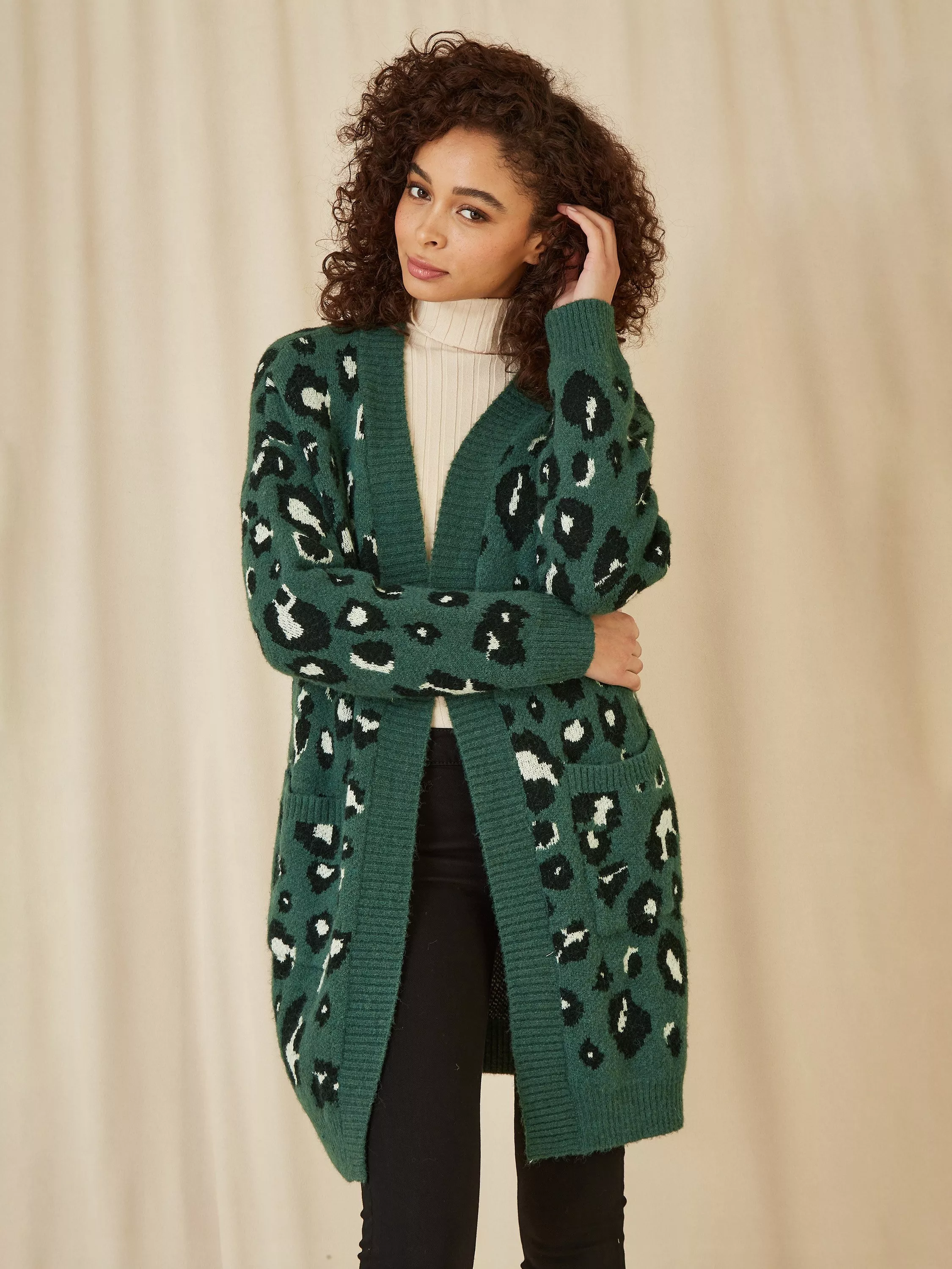 Yumi Leopard Print Longline Cardigan Green